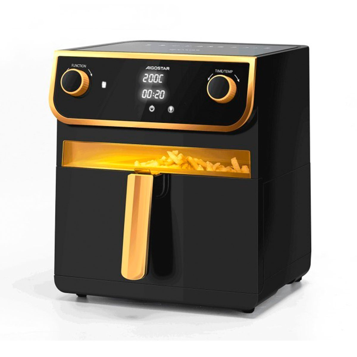 Friggitrice ad aria nera con dettagli dorati, display digitale e patatine.