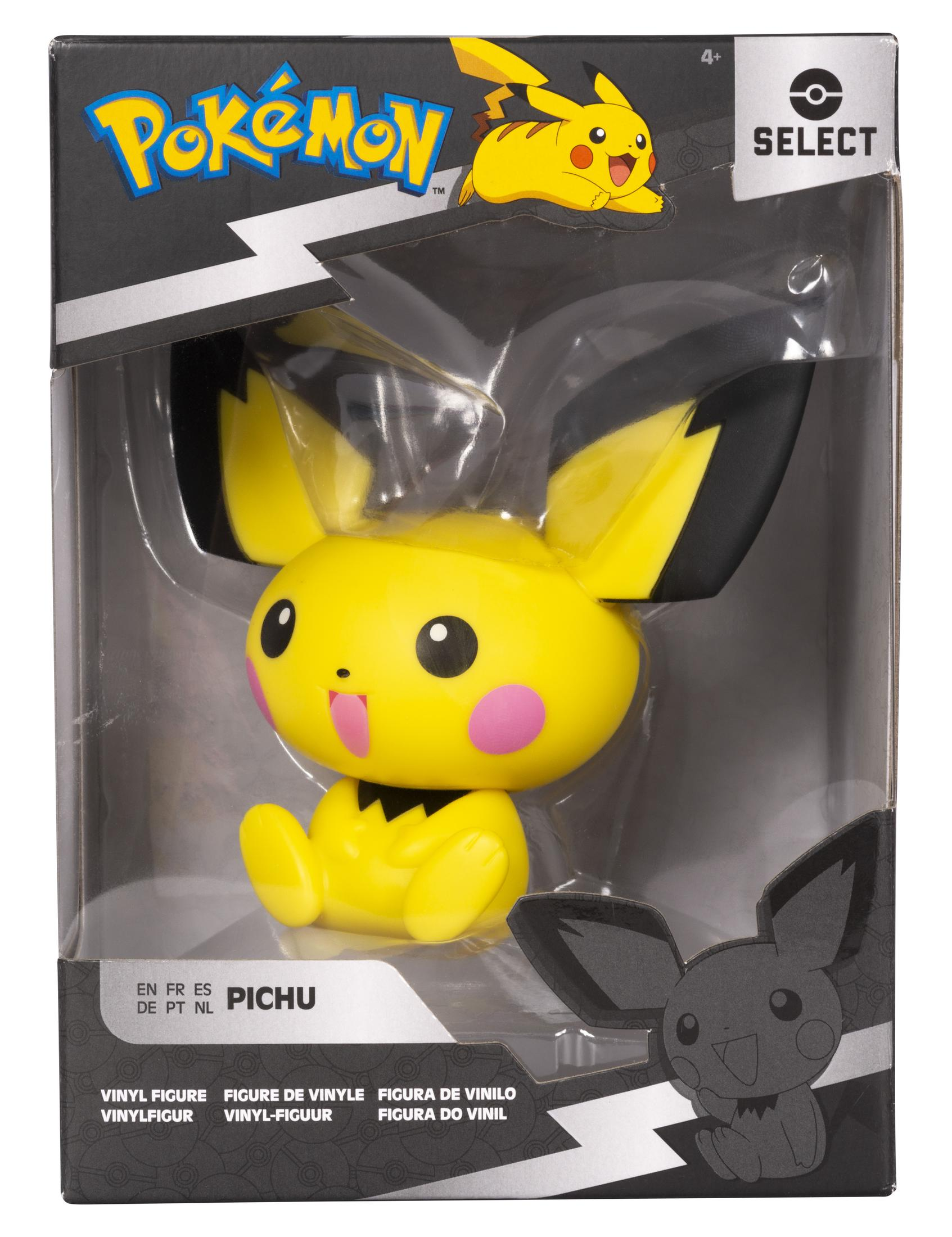 Pikachu-Spielfigur in einer Box. Gelbe und schwarze Farben. Klare Verpackung.