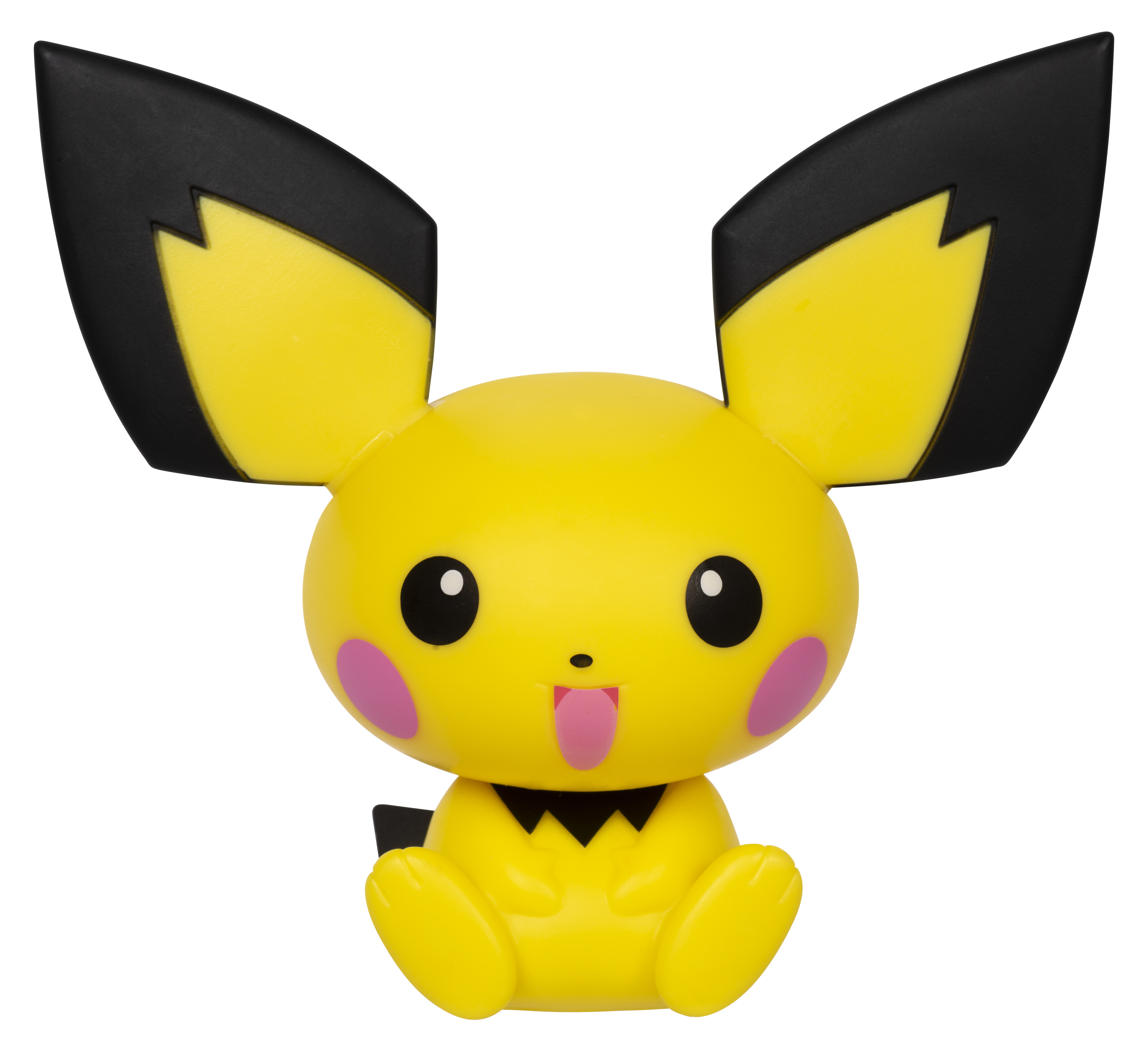 Gelbe Pichu-Figur mit schwarzen Ohren. Es hat rosa Wangen und eine rosa Zunge.