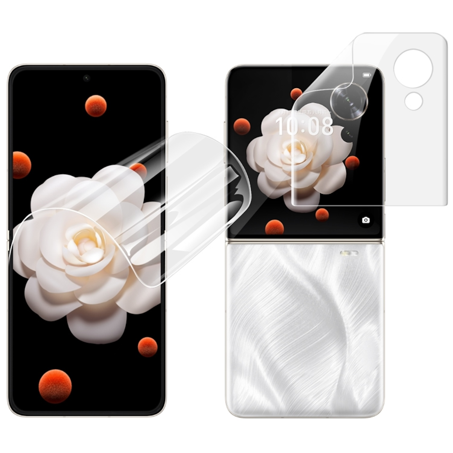 Telefono pieghevole con protezione schermo, colore bianco, design floreale e punti arancioni.