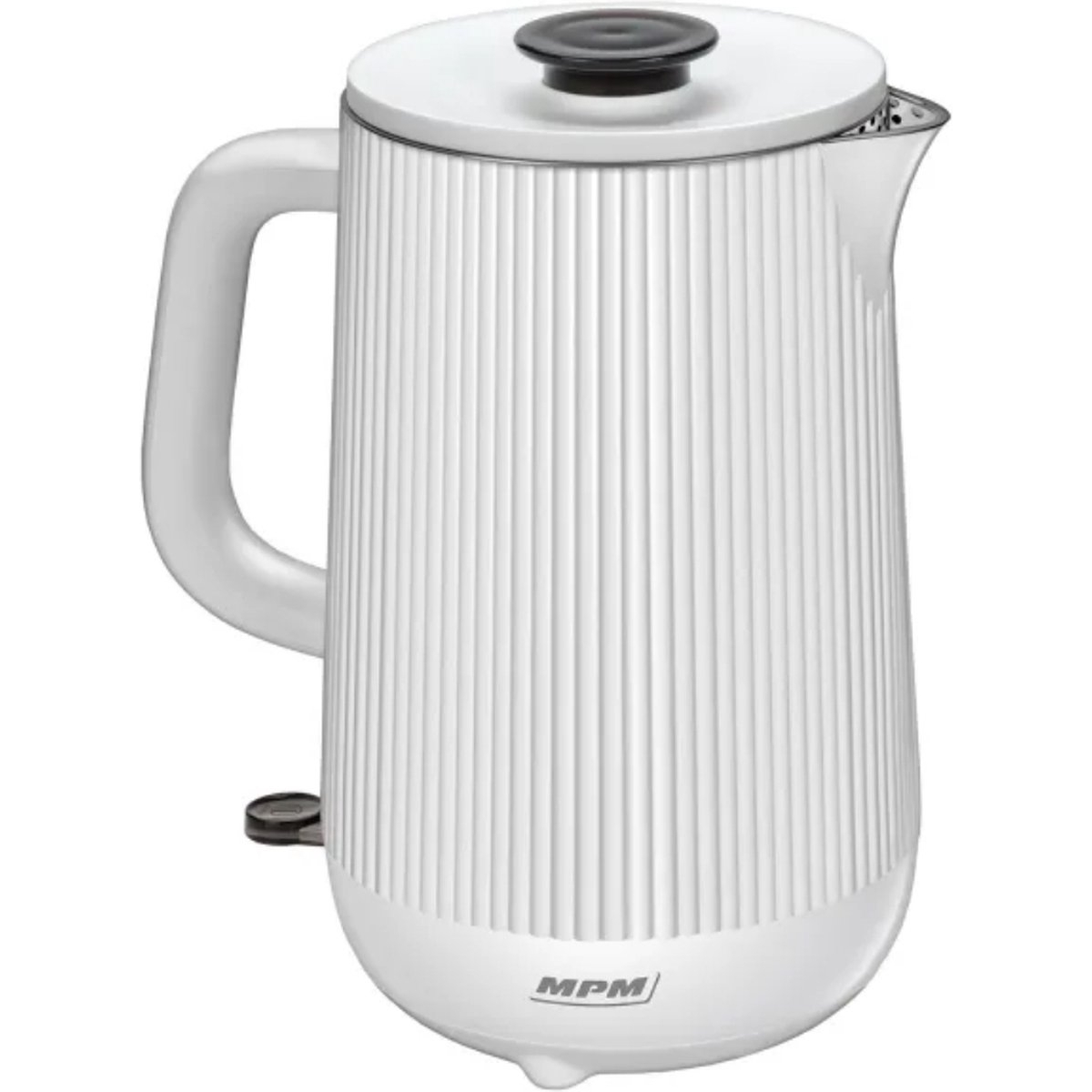 Bollitore elettrico bianco con manico e coperchio nero su superficie bianca.