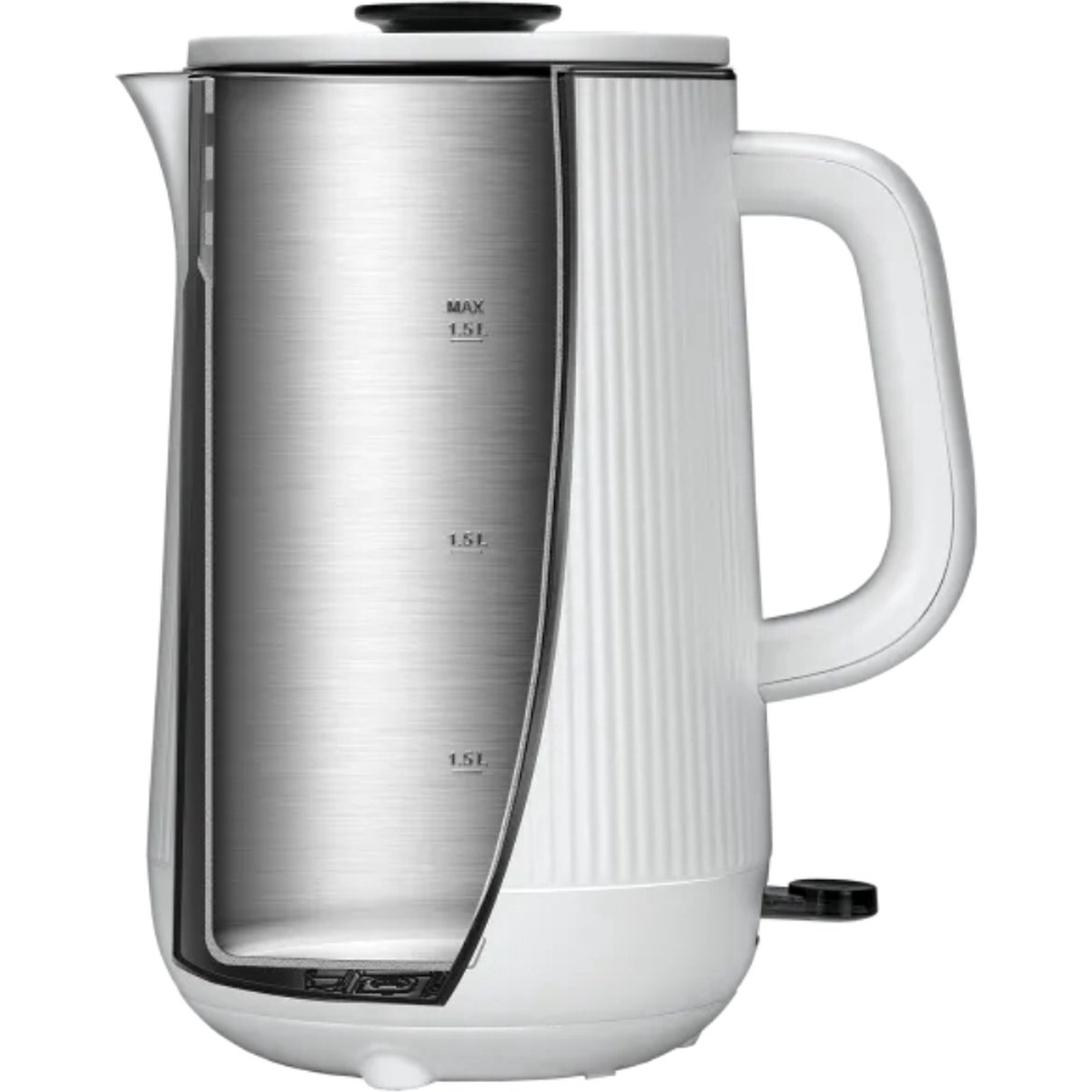 Bollitore elettrico bianco, vista in sezione che mostra l'interno e i segni del livello dell'acqua.