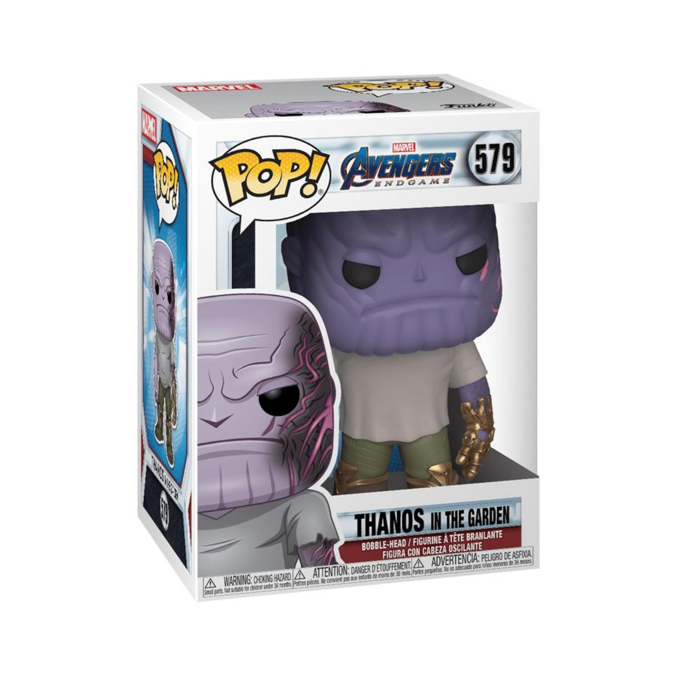 Figurka Thanos Funko Pop w pudełku, z tekstem i zdjęciami postaci oraz logo Avengers.