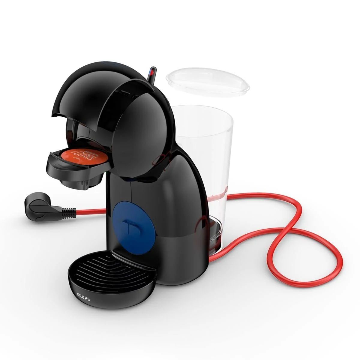 Czarny ekspres do kawy z czerwonym kablem, kapsułką i przezroczystym szkłem na kawę.