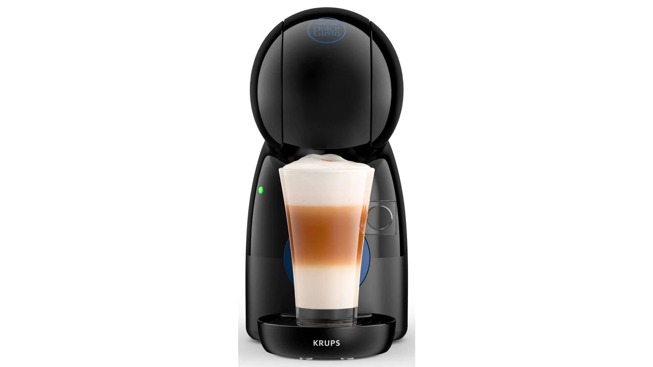 Czarny ekspres do kawy ze szklanką warstwowej kawy. Białe tło.