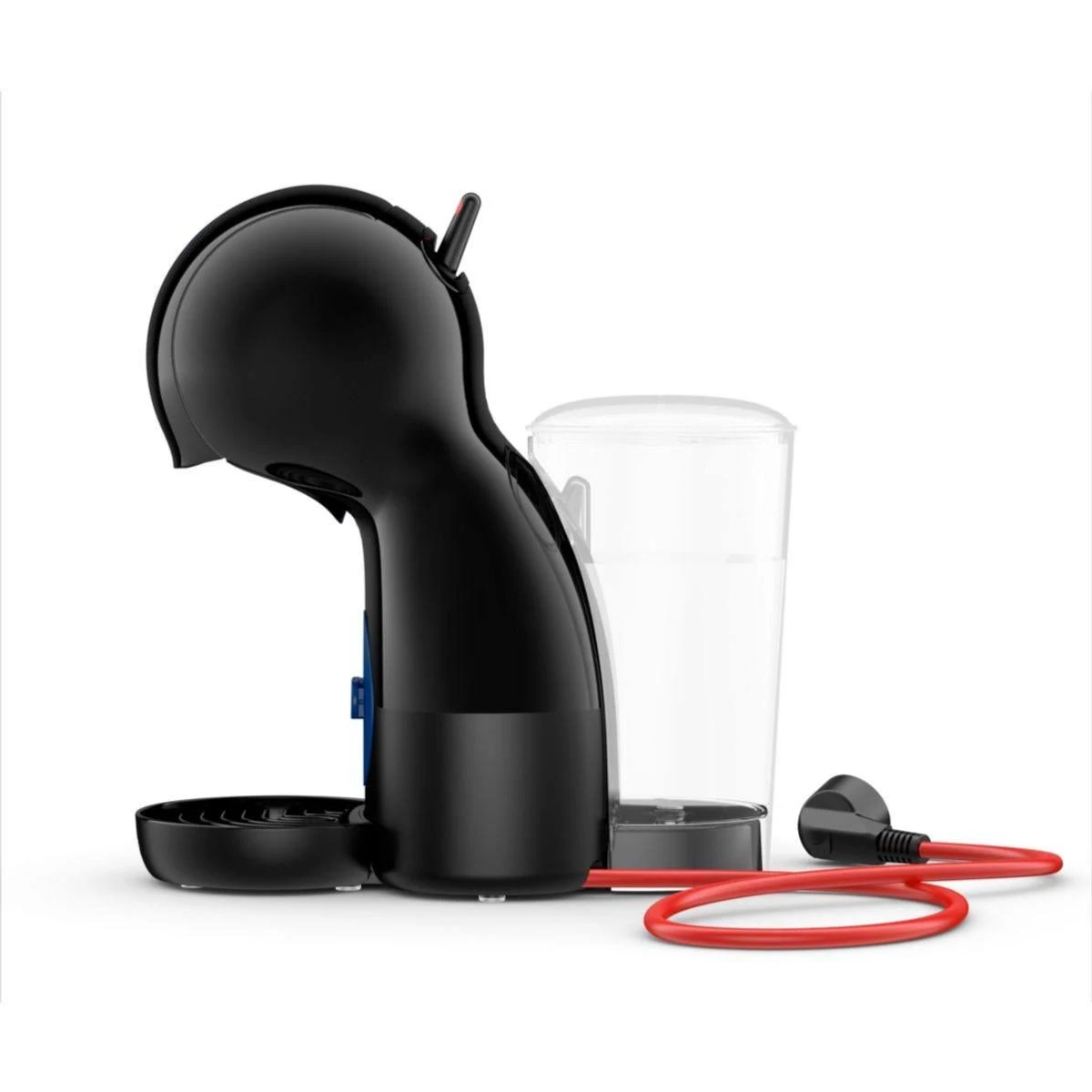 Czarny ekspres do kawy Dolce Gusto z przezroczystym zbiornikiem i czerwonym kablem.