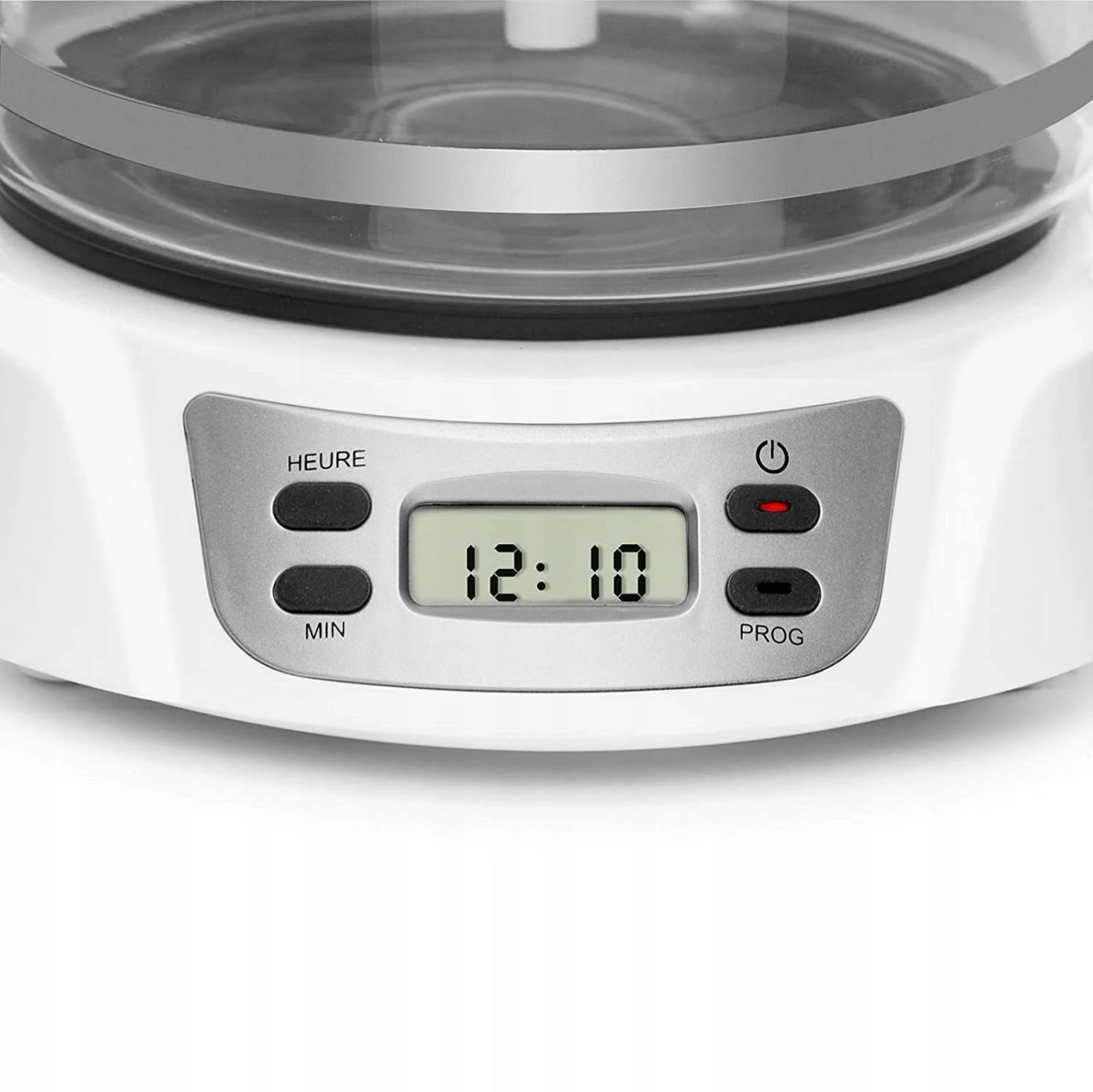 Zegar cyfrowy pokazujący 12:10 z przyciskami HEURE, MIN i PROG.