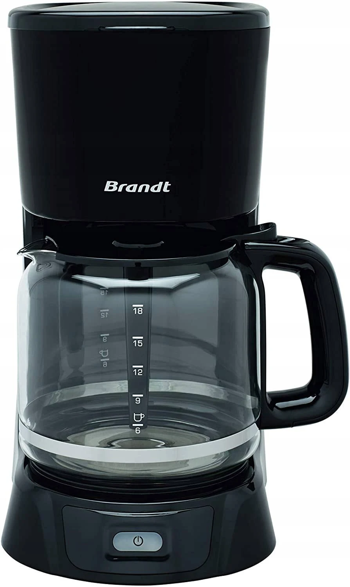 Czarny ekspres do kawy ze szklaną karafką. Marka to Brandt. Przycisk zasilania znajduje się na dole.