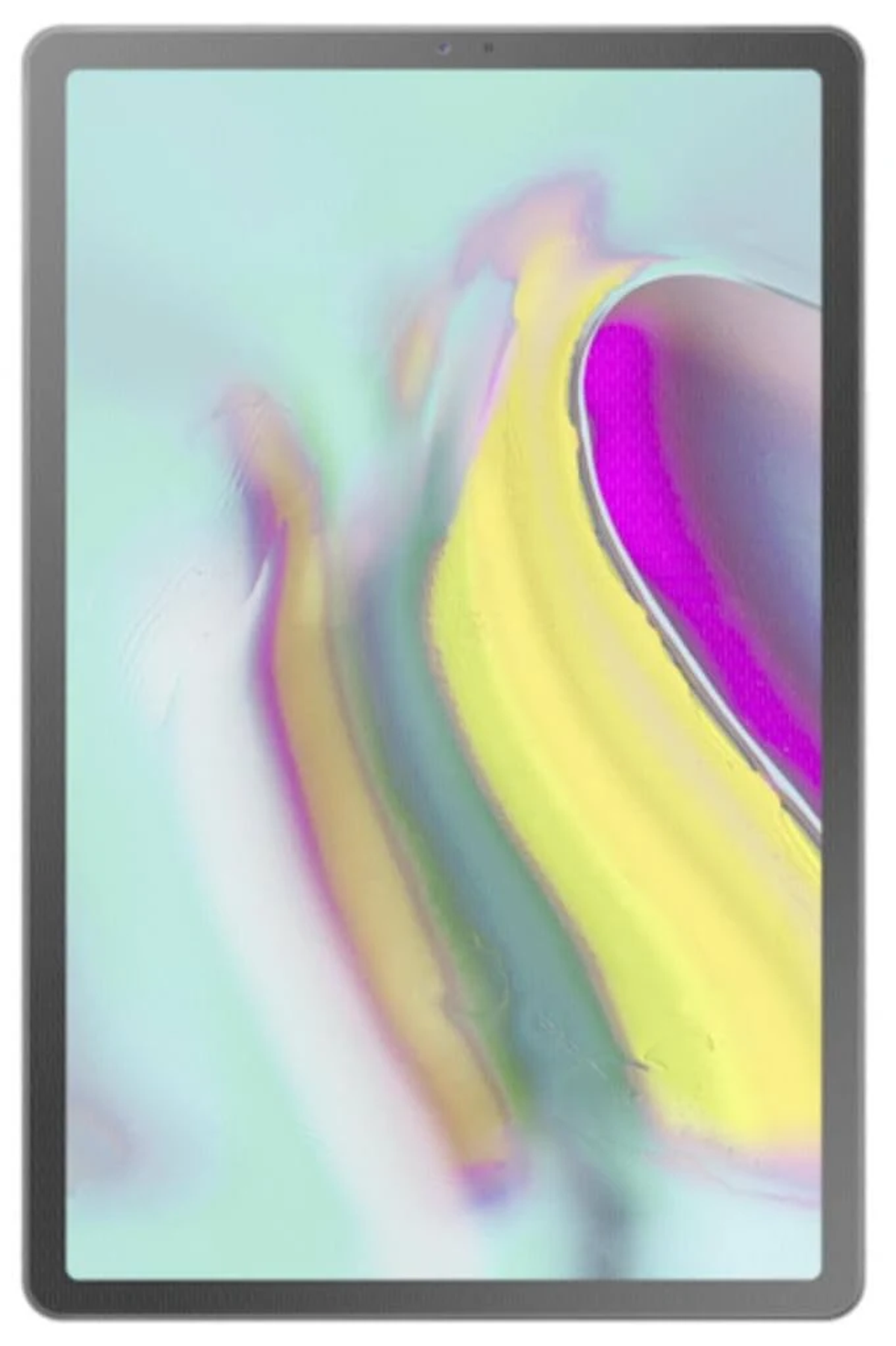 Ein Tablet mit buntem, abstraktem Design auf dem Bildschirm, vor grauem Rahmen.