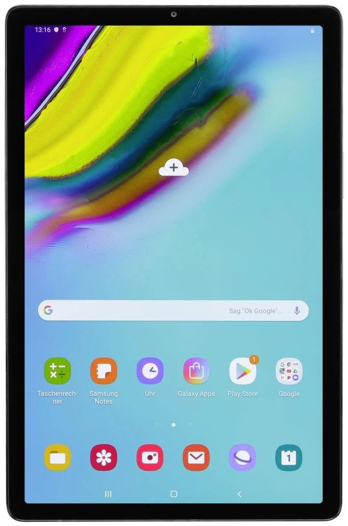 Tablet mit blauem, gelbem und grünem abstraktem Hintergrund, Apps sichtbar.