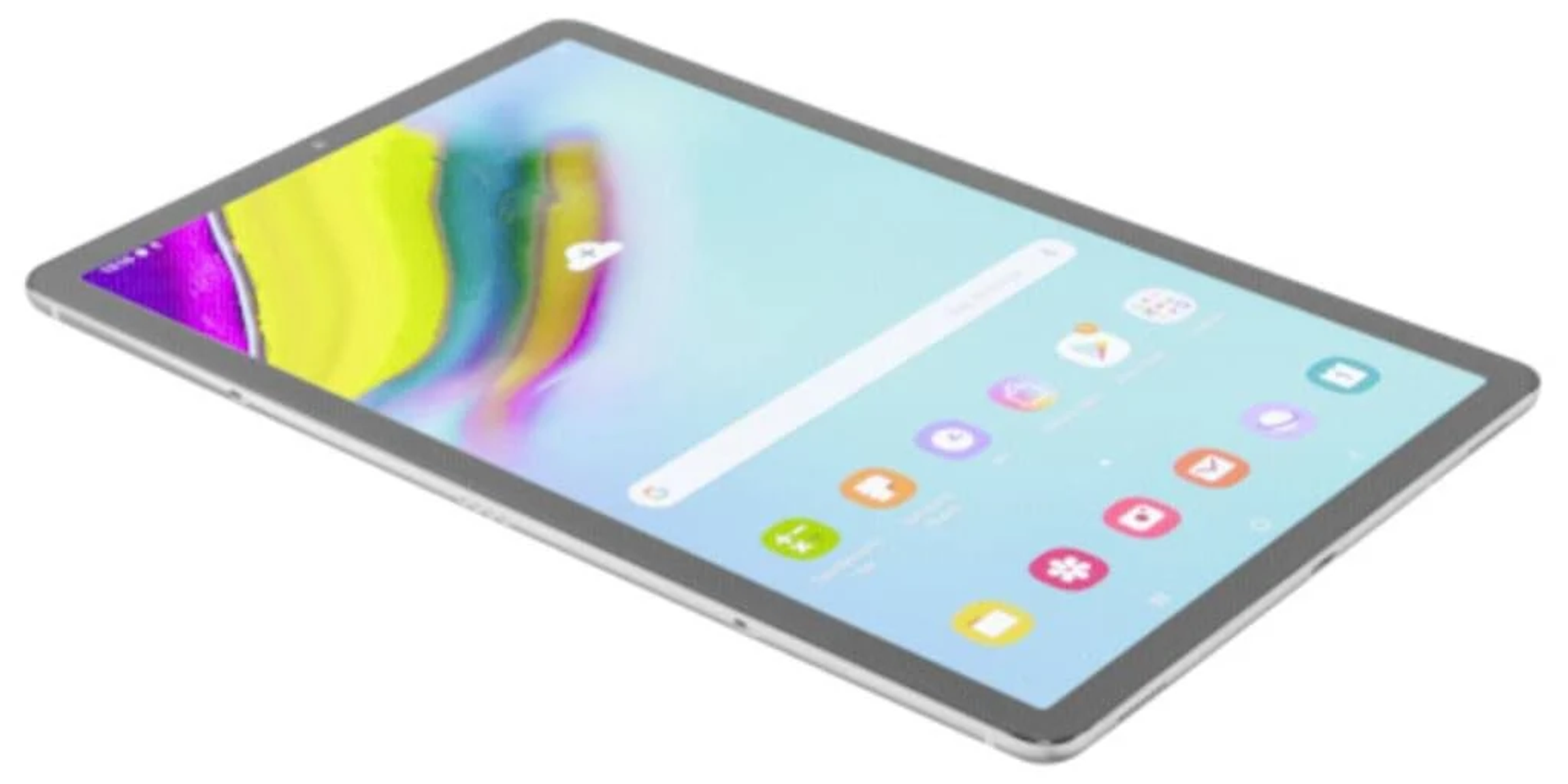 Silbernes Tablet mit farbenfrohem Bildschirm. App-Symbole auf dem Bildschirm. Silberner Rahmen, weißer Hintergrund.
