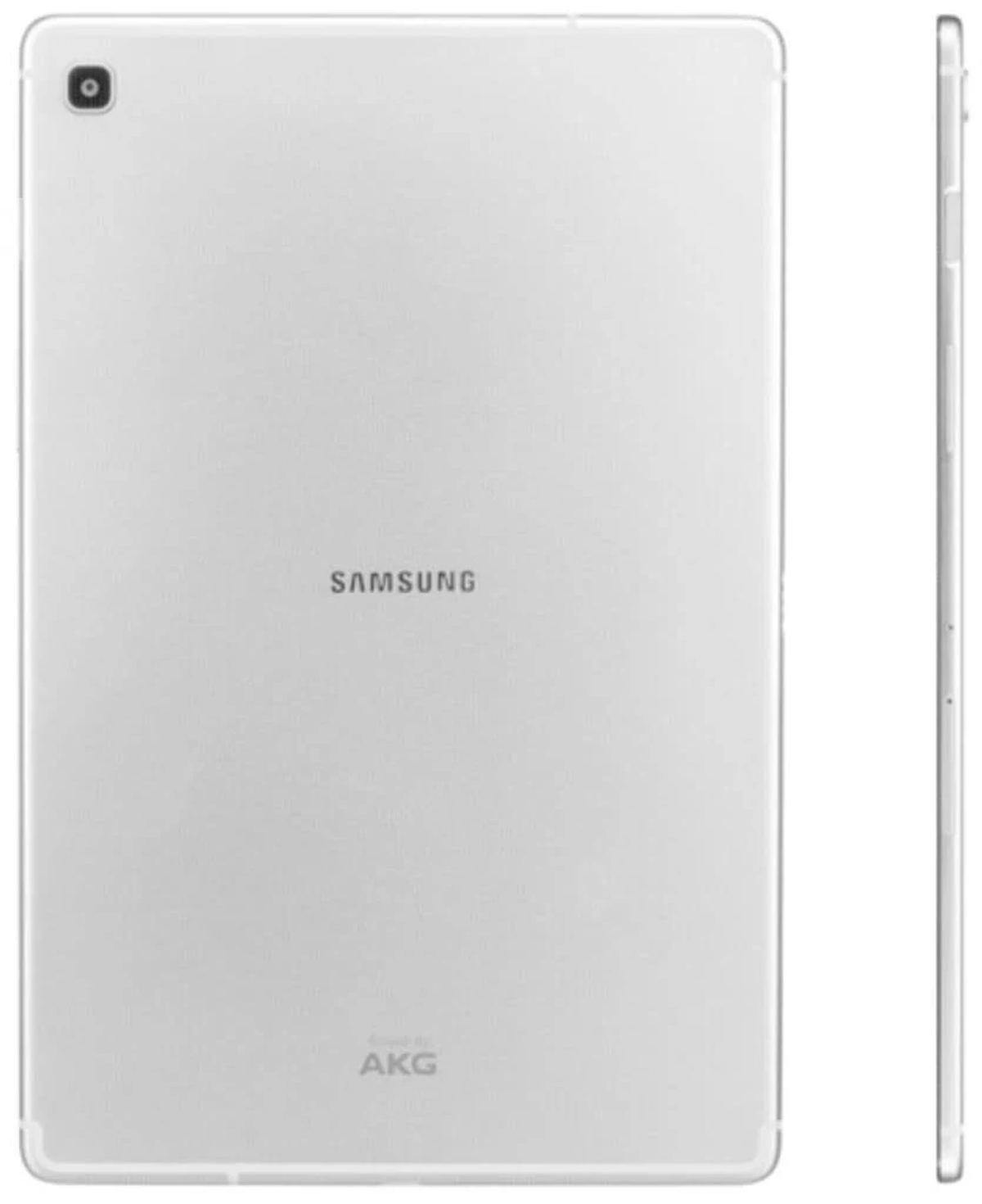Weißes Tablet mit Kamera und Samsung-Logo, Seitenansicht zeigt schlankes Profil.