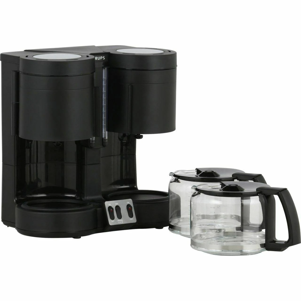 Caffettiera nera. Due caraffe in vetro. Pulsanti di accensione. Sfondo bianco.