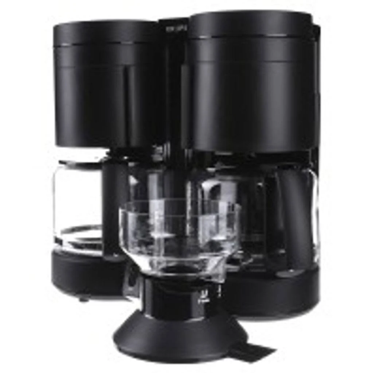 Macchina da caffè nera con due caraffe e un imbuto di vetro. La macchina ha una base e un coperchio neri.