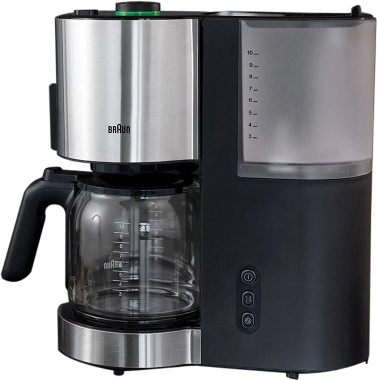 Cafetière noire et argentée avec une carafe en verre et un indicateur de niveau d'eau. Fond blanc.