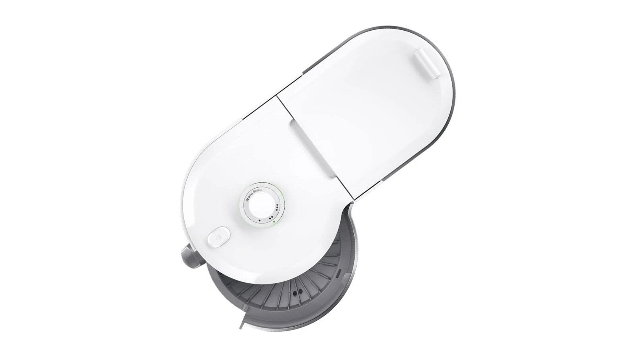 Une vue de dessus d'un aspirateur robot blanc avec une brosse rotative grise.