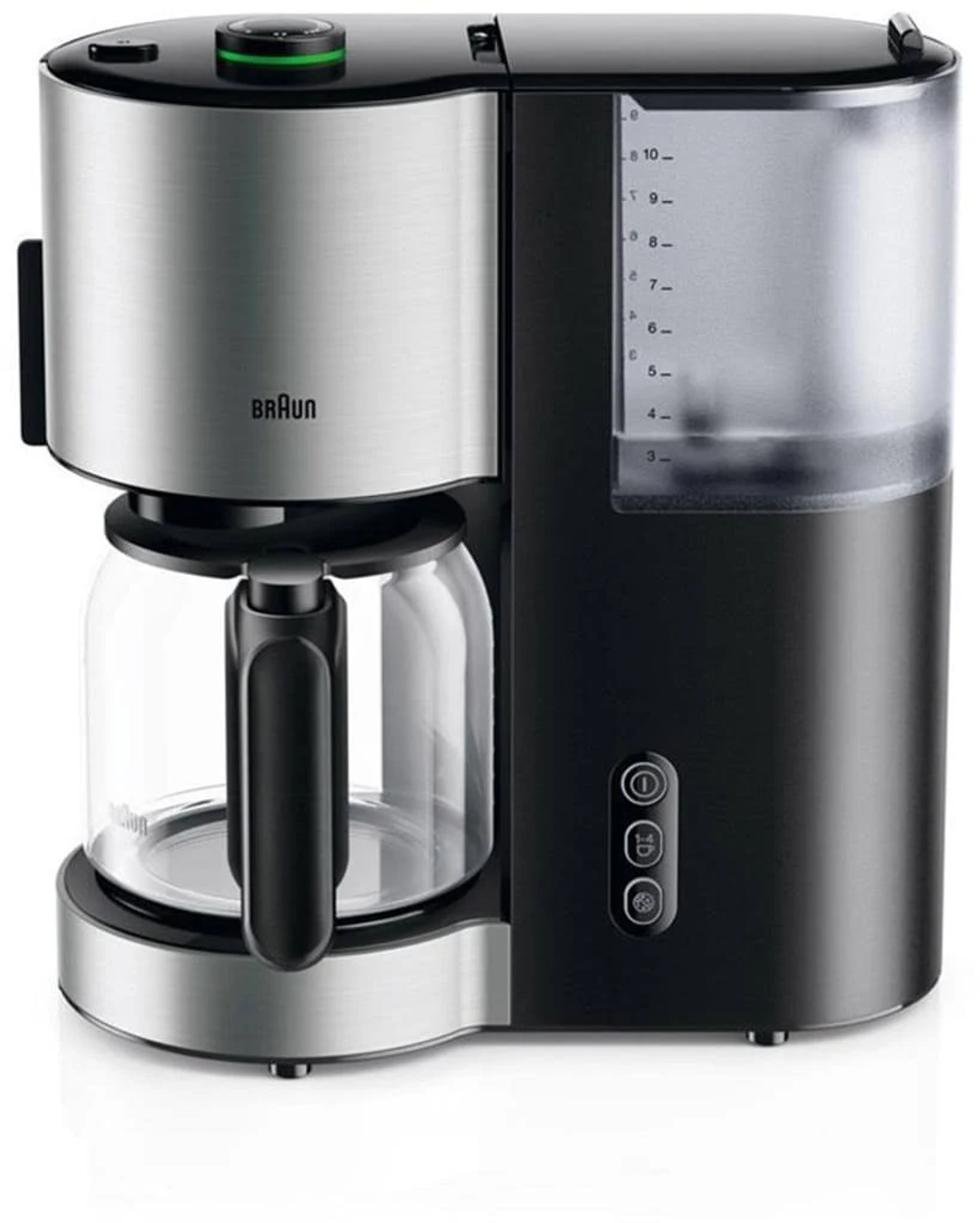 Silber-schwarze Braun Kaffeemaschine. Mit Glaskaraffe und Digitalanzeige.