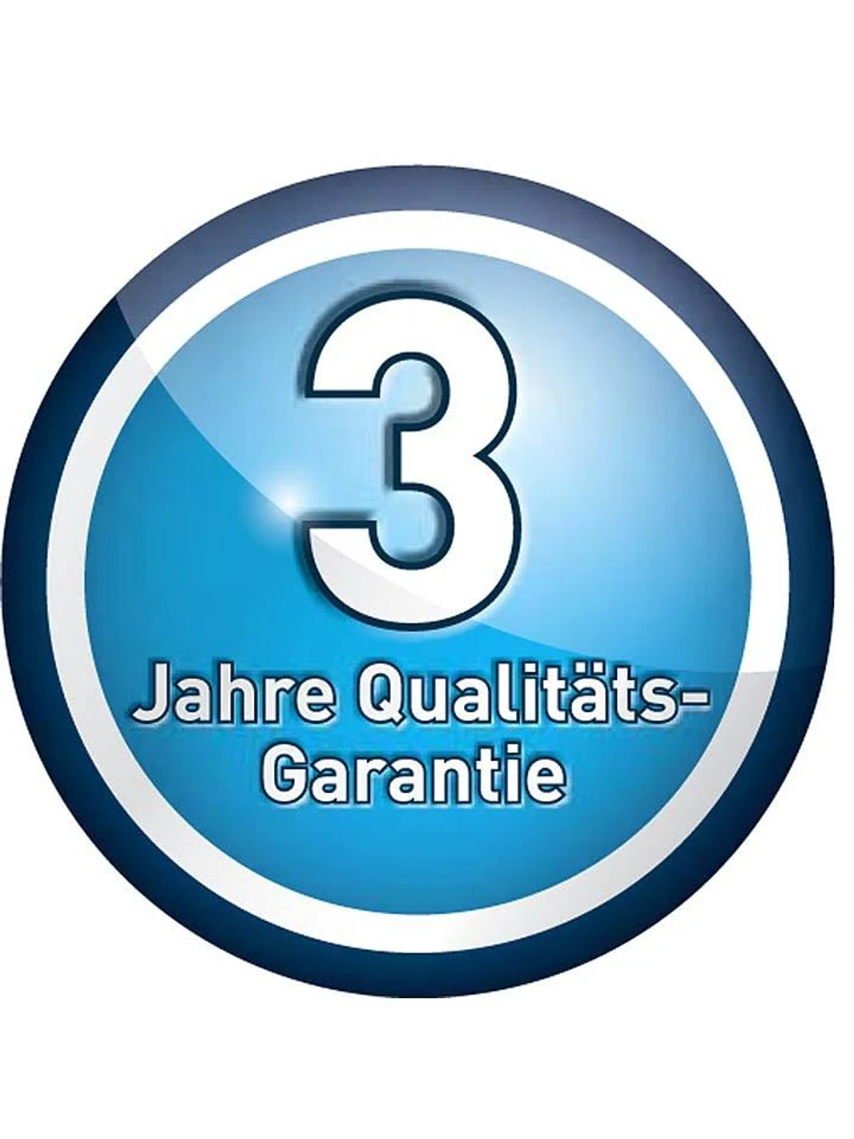 Cerchio blu con un 3 bianco e testo: 3 Jahre Qualitäts-Garantie.