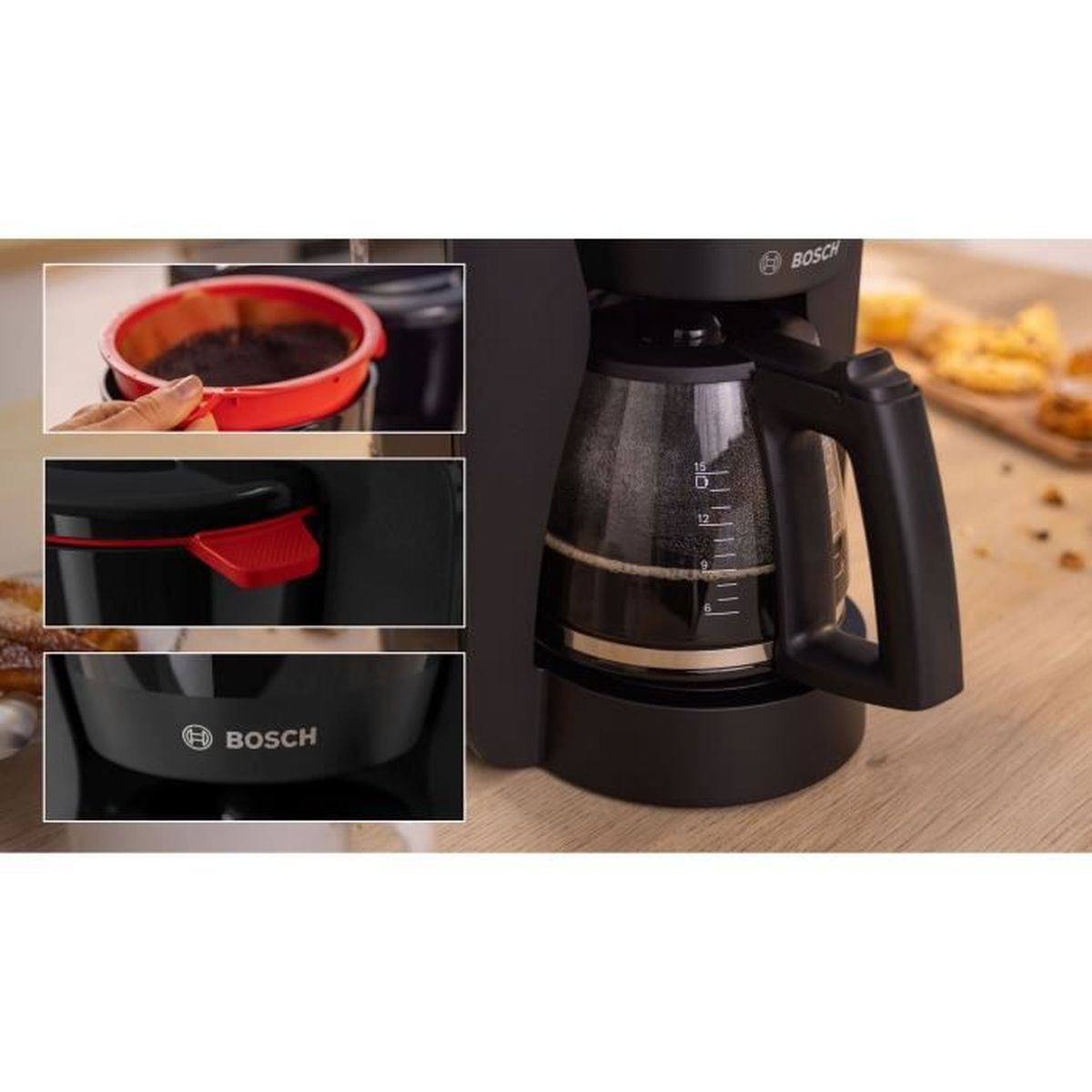 Una caffettiera Bosch con dettagli del filtro, del coperchio e della base.