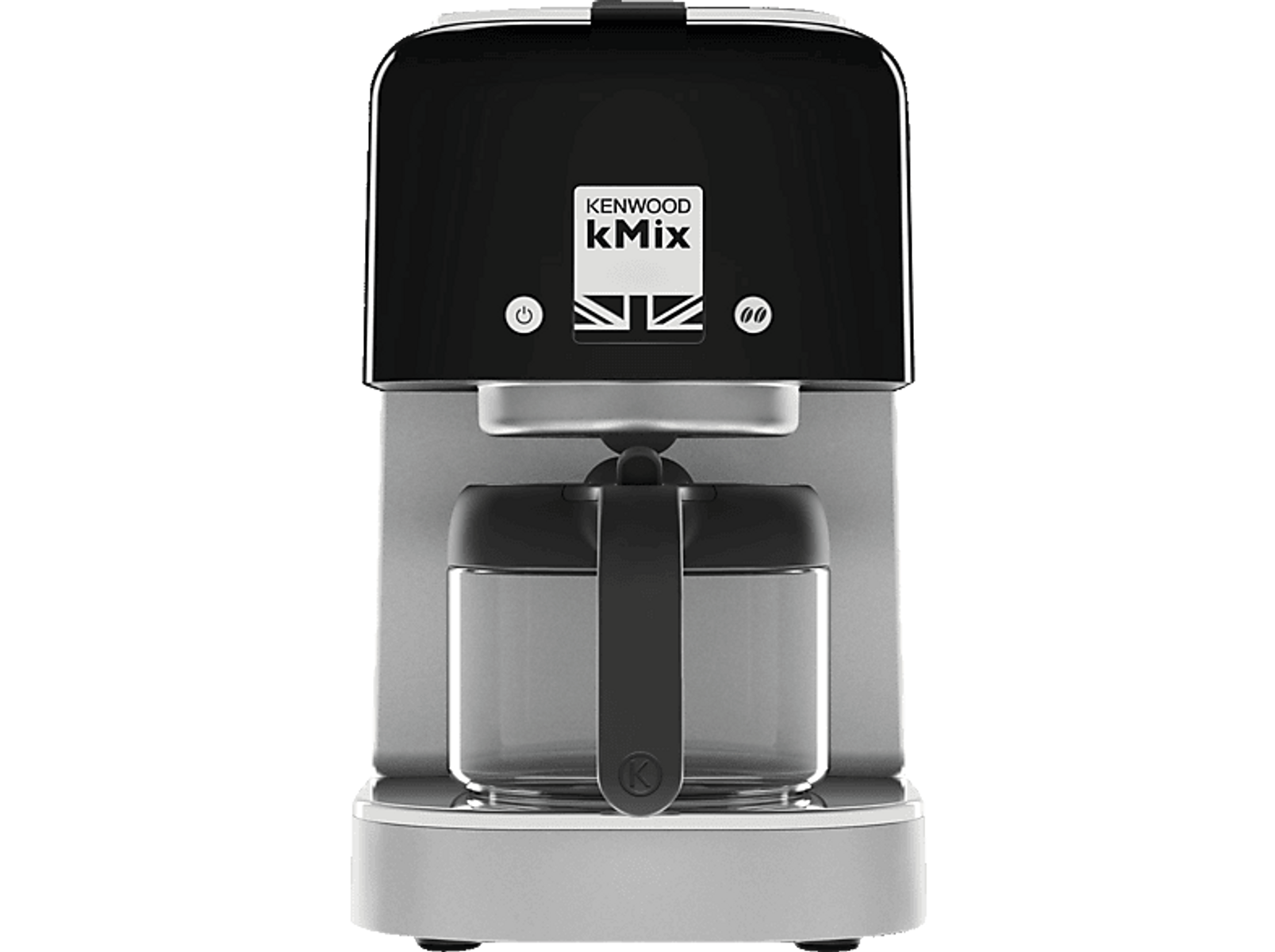 Macchina da caffè Kenwood kMix nera e argento con parte superiore nera e base argentata. Simbolo Union Jack visibile.