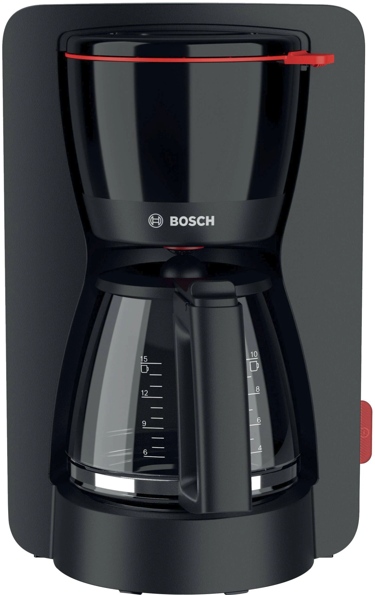 Caffettiera Bosch nera con dettagli rossi e caraffa in vetro.