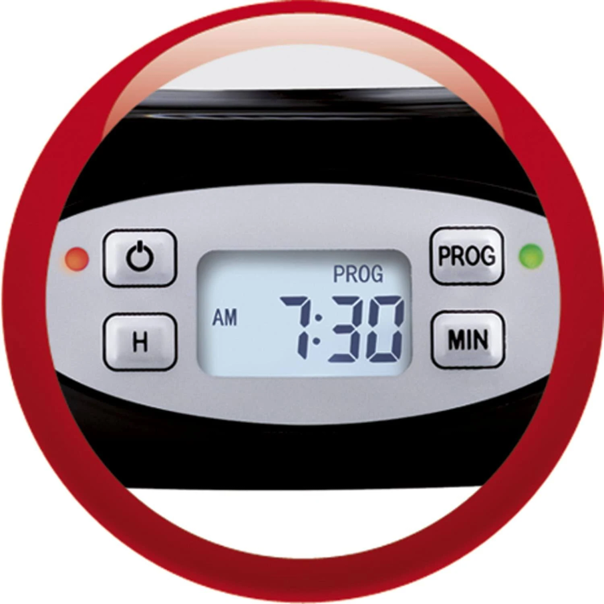 Wyświetlacz cyfrowy 7:30 AM, przyciski zasilania, godzin, minut i programowania, w czerwonej ramce.