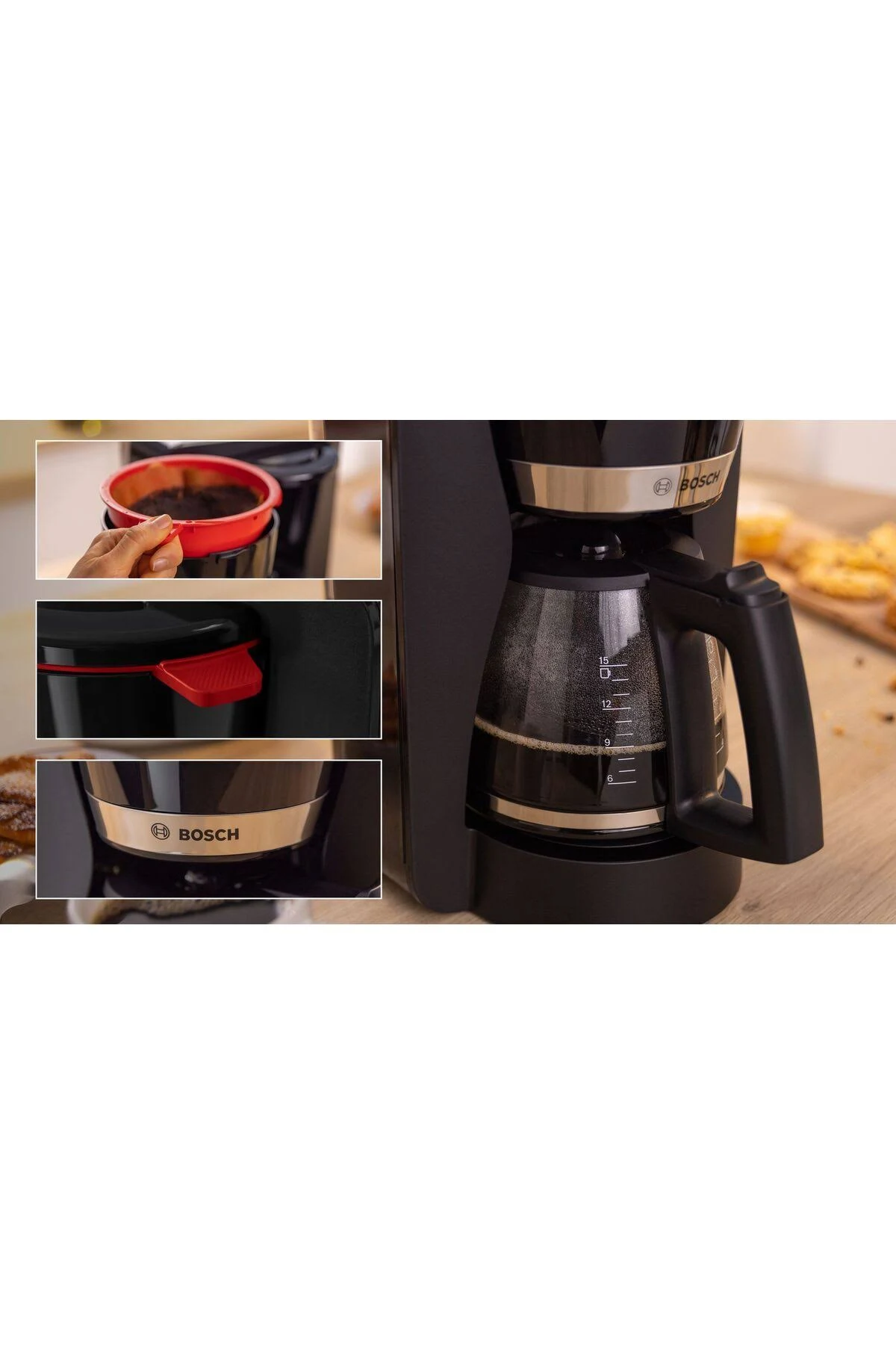 Zbliżenie na ekspres do kawy ze szczegółami filtra i procesu parzenia kawy.