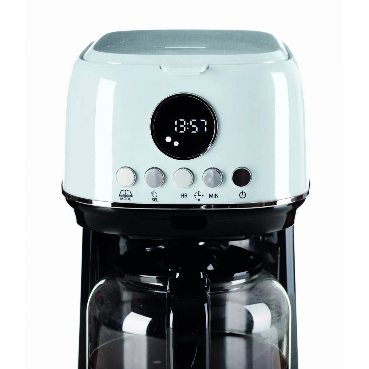 Niebiesko-czarny ekspres do kawy. Wyświetlacz cyfrowy 13:57. Przyciski trybu, HR, MIN i zasilania.