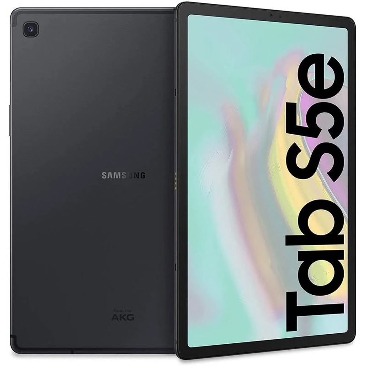 Ein schwarzes Samsung Galaxy Tab S5e Tablet, das Vorder- und Rückseite zeigt, auf weißem Hintergrund.