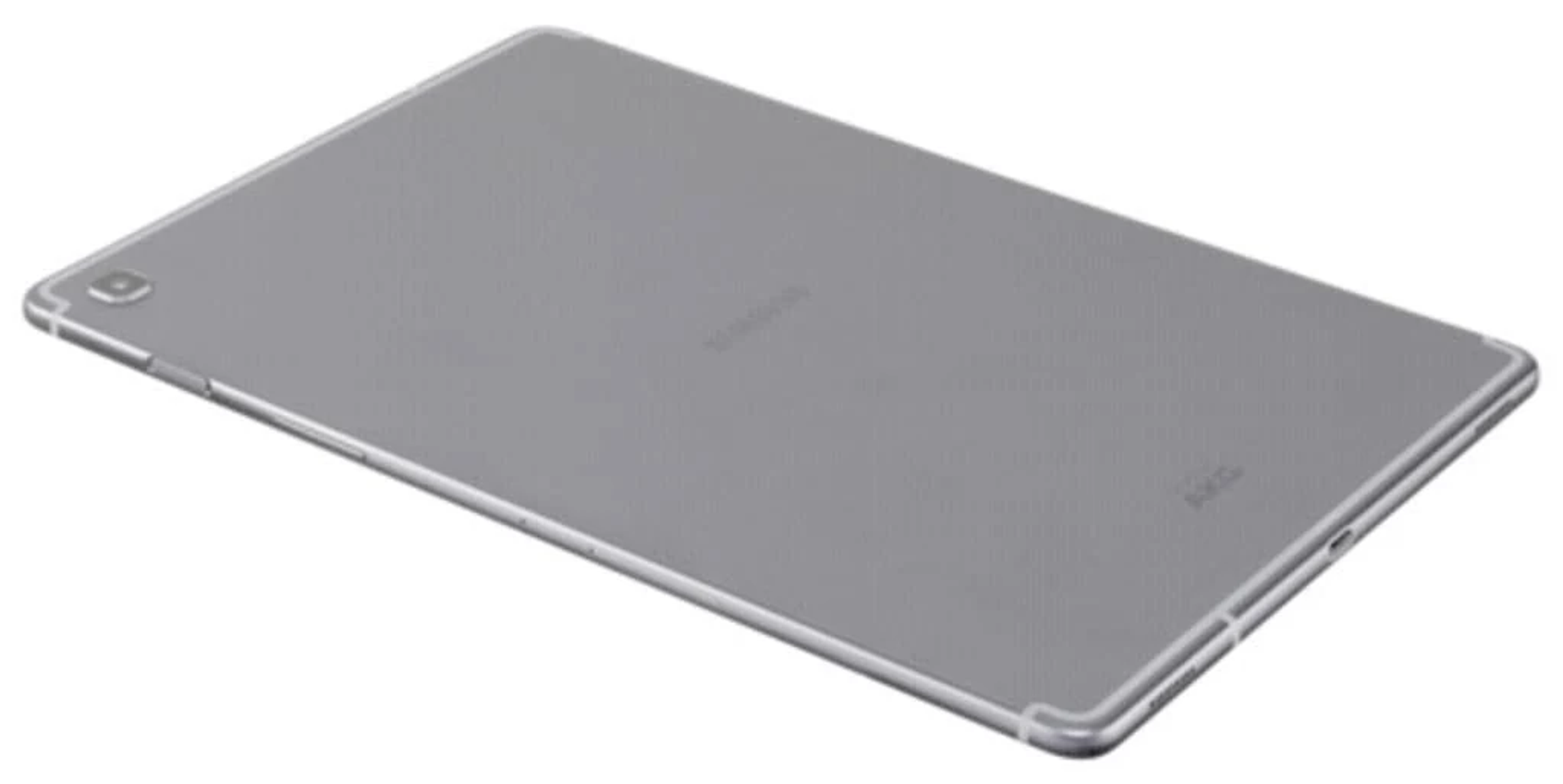 Silbernes Tablet, Rückansicht. Samsung-Logo und AKG-Markenzeichen sind sichtbar.