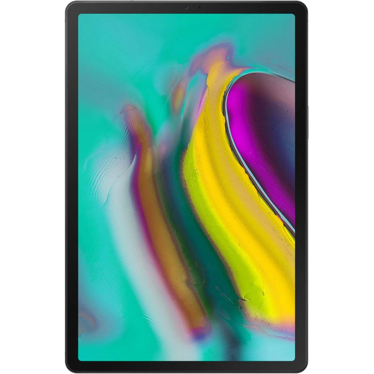 Schwarzes Tablet mit farbenfrohem Bildschirm. Der Bildschirm zeigt eine Mischung aus Gelb, Lila und Grün.