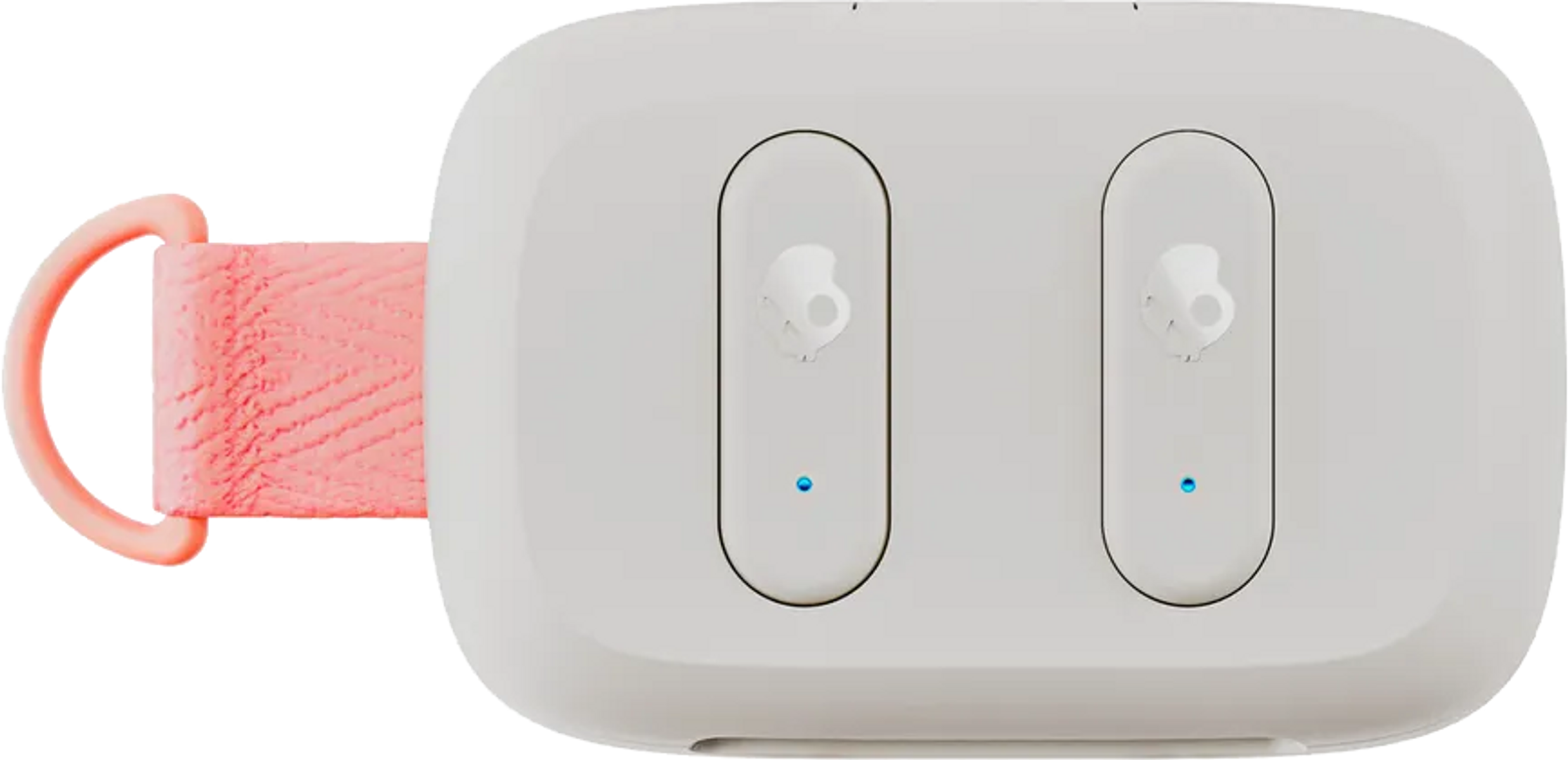 Białe etui ładujące słuchawki z wkładkami dousznymi, różowa pętla, na białym tle.