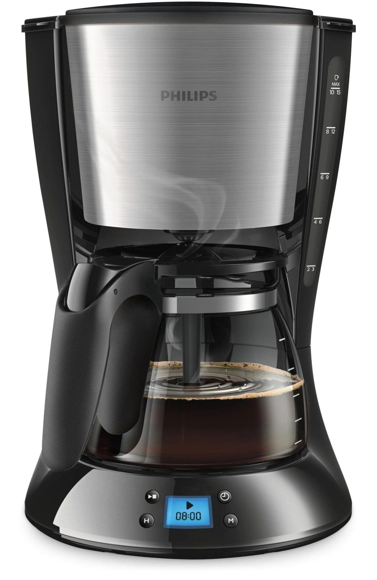 Cafetera Philips negra y plateada, jarra de vidrio con café y pantalla digital.