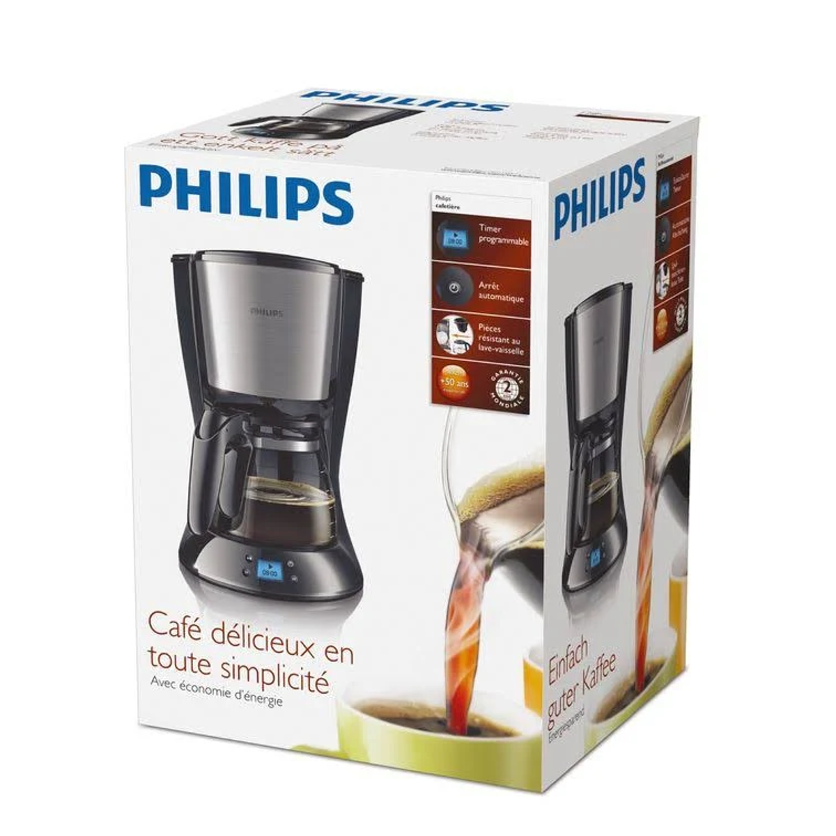 Cafetera Philips en caja, con la máquina y una muestra de café vertiéndose.