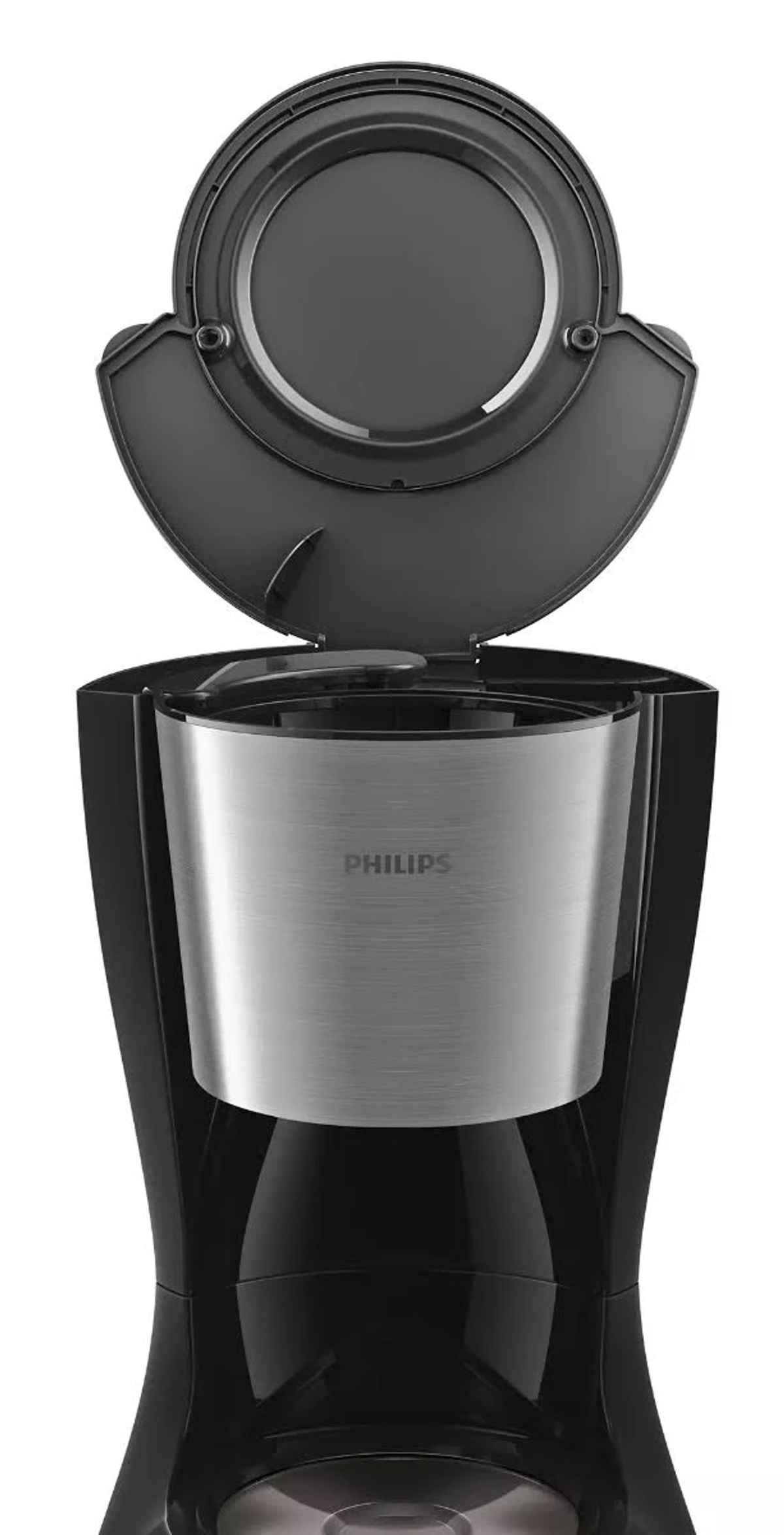 Una cafetera Philips negra. La parte superior está abierta, revelando un interior de acero inoxidable. Fondo negro.