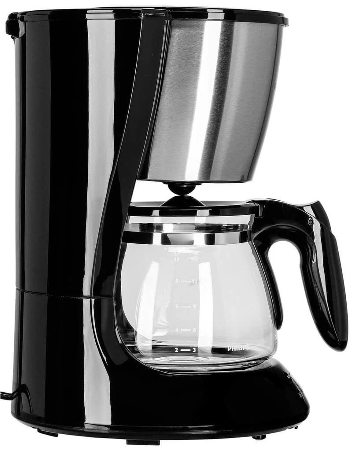 Cafetera negra y plateada con jarra de vidrio. Logotipo de Philips en la jarra.