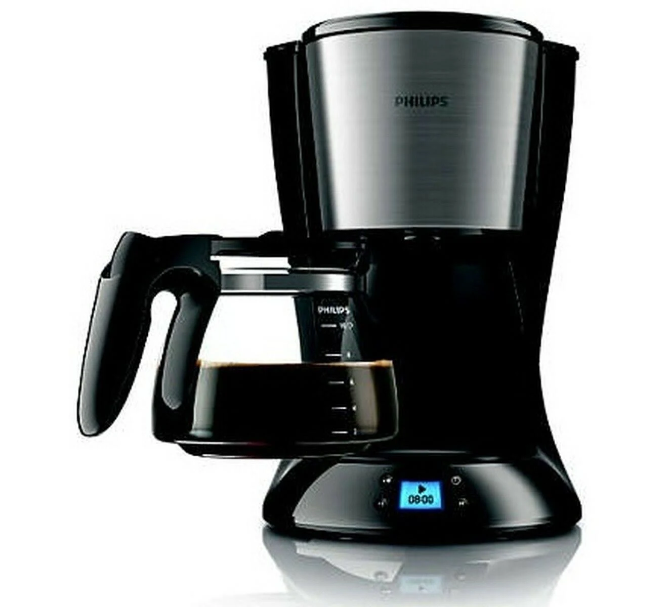 Cafetera Philips negra con jarra de vidrio. Base negra y pantalla digital.