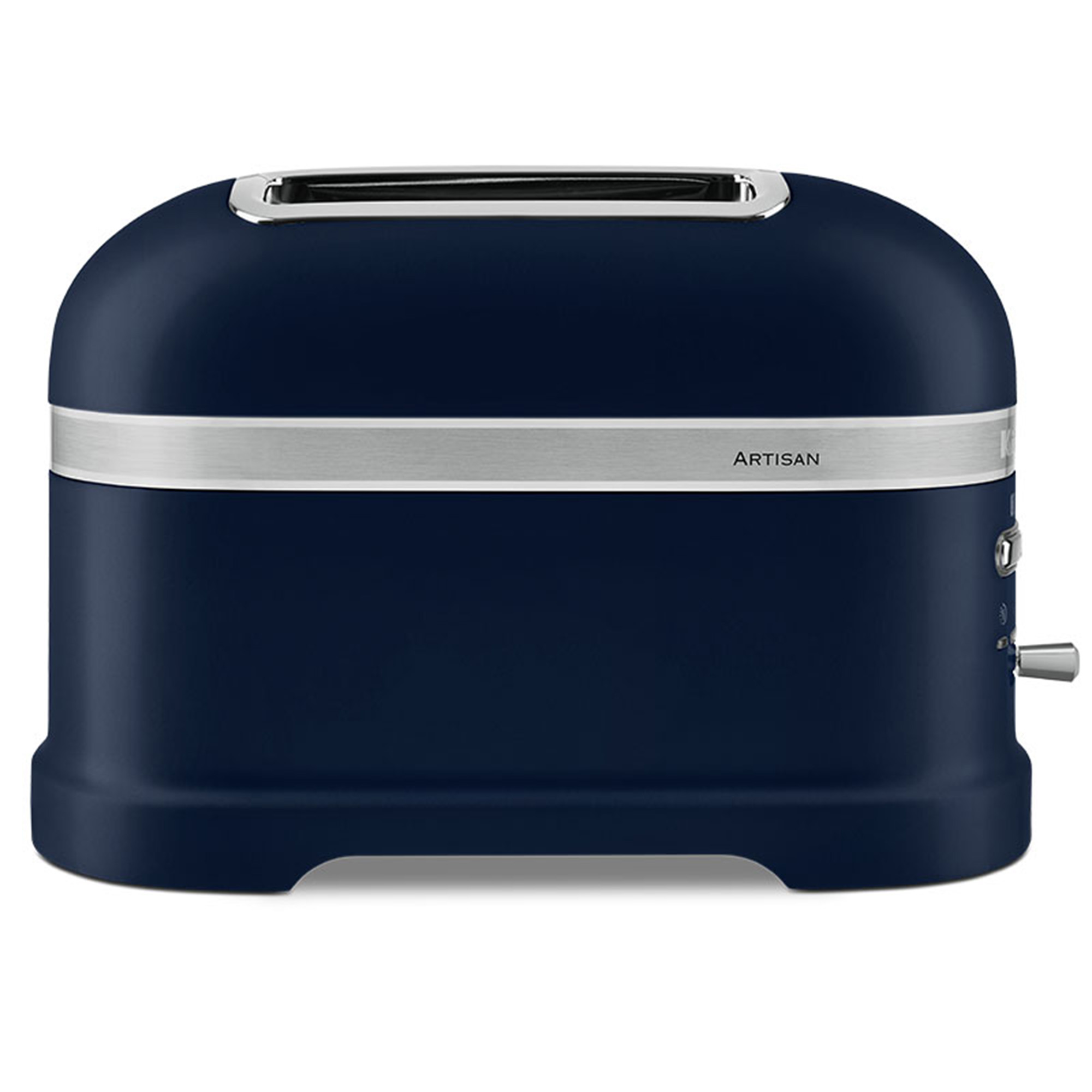 Blue KitchenAid Artisan toaster. Silver trim, two slots, rounded design, Artisan label, side lever.