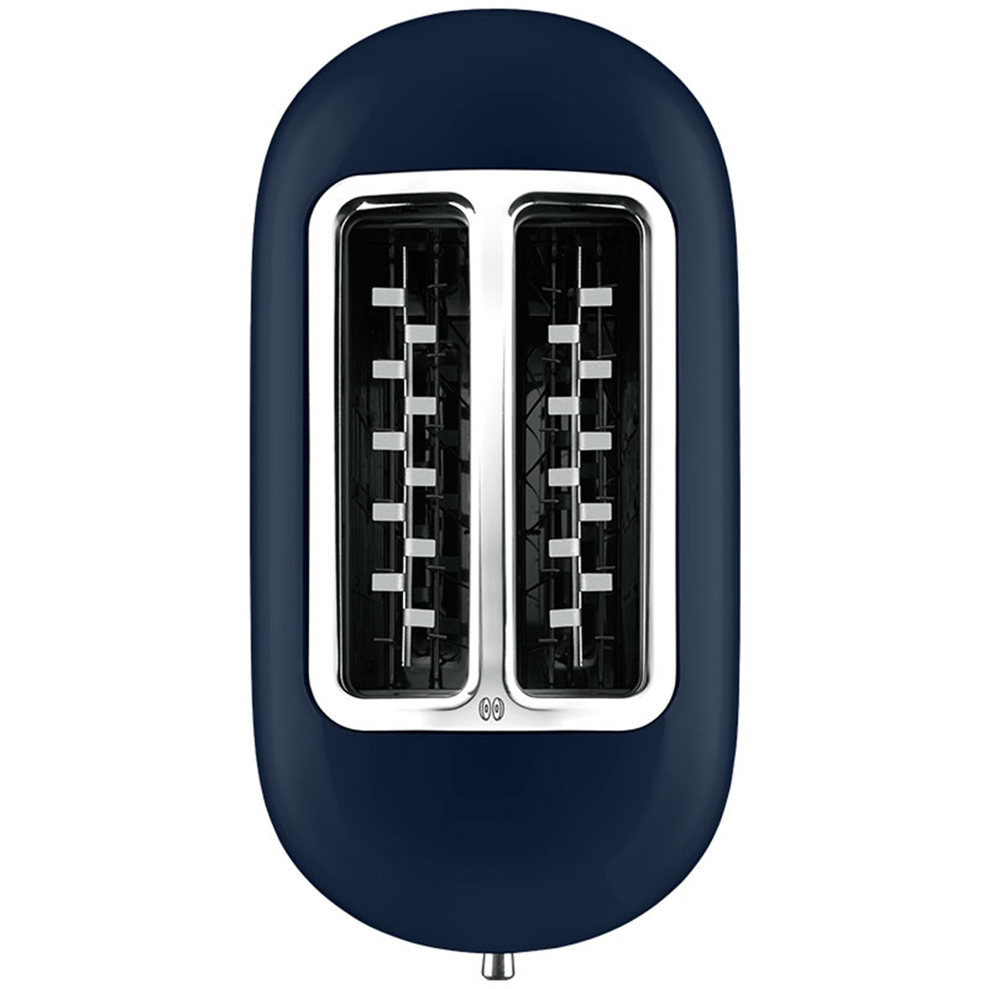 Blue toaster with two slots, chrome accents, and a bottom cord.