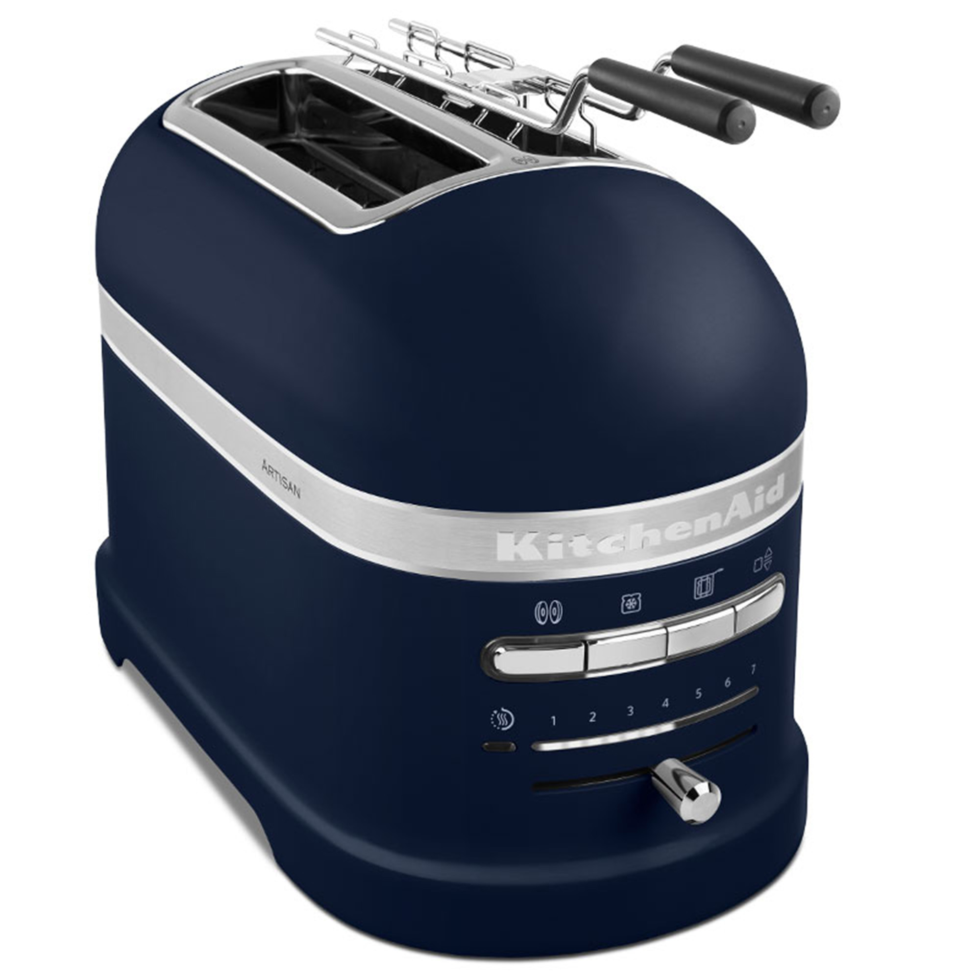 Blue KitchenAid toaster with two slots and control panel with settings.