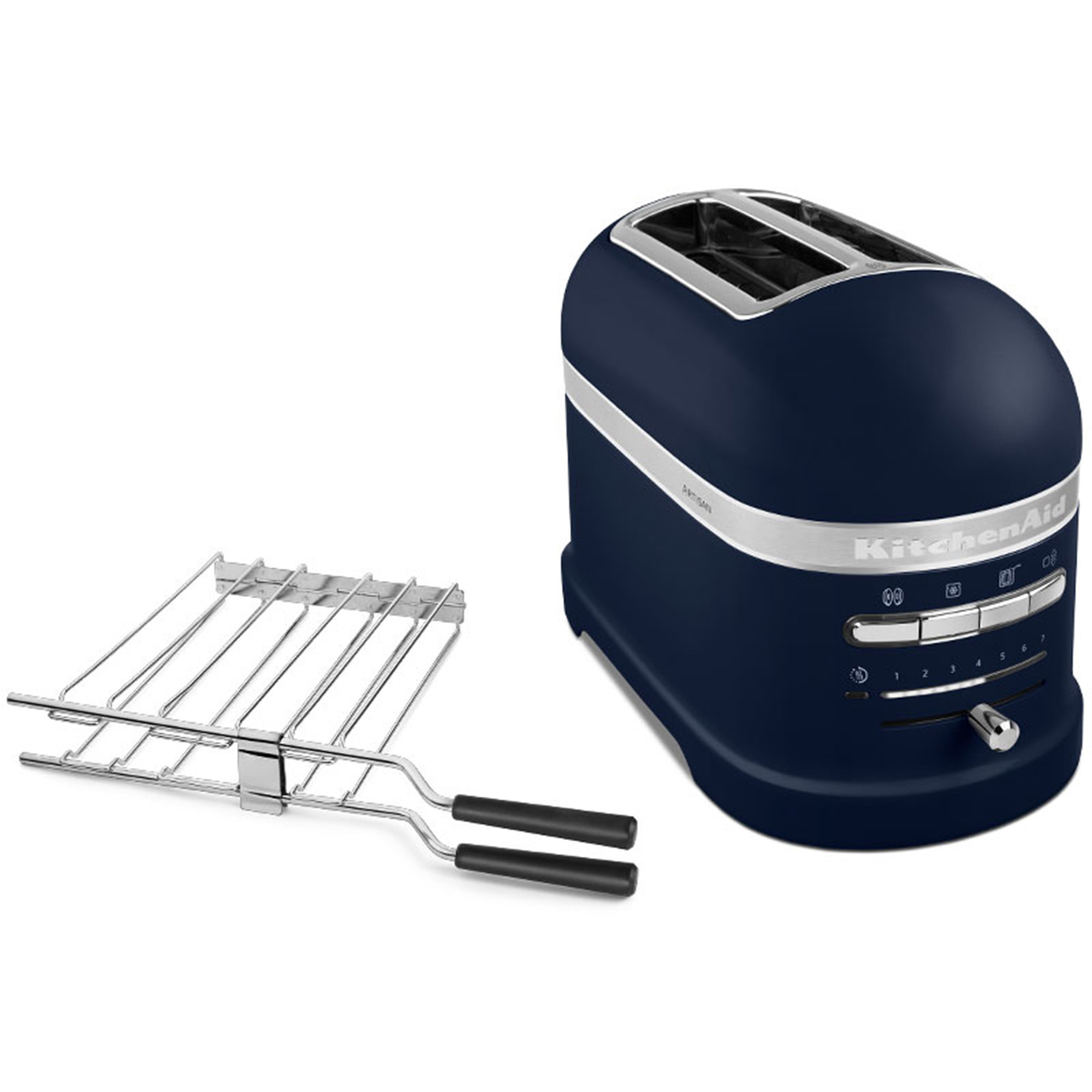 Blue KitchenAid toaster and a rack for grilling. The toaster is on a white background.