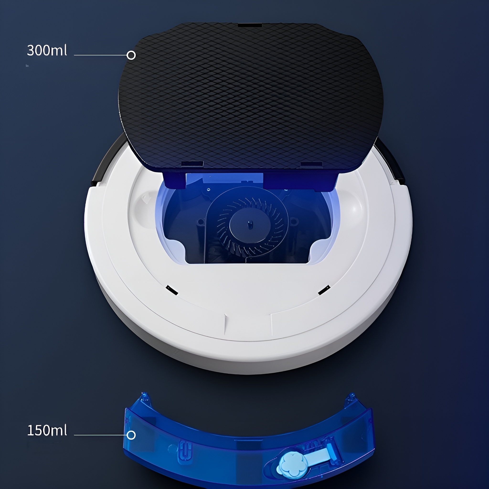 Weiß-schwarzer Roboter-Staubsauger mit offenem Deckel, blaue Wassertankdetails.