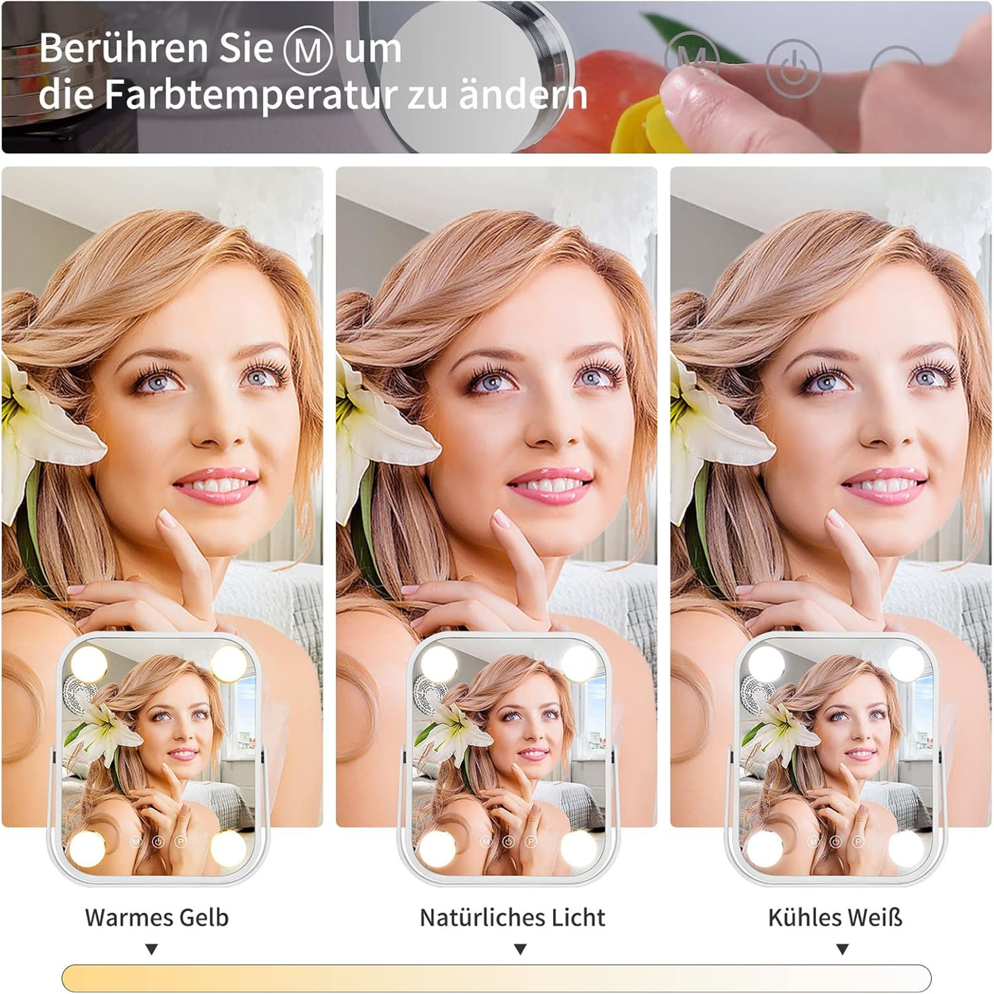 Frau mit Blumen, mit einem Spiegel, der drei Beleuchtungsoptionen anzeigt: warmes Gelb, natürlich, kühles Weiß.