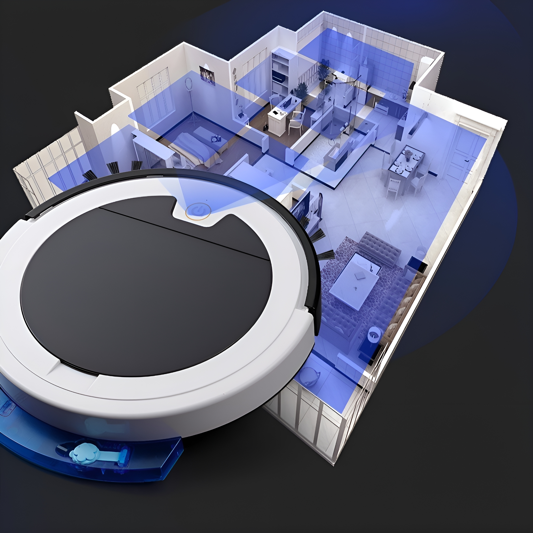 Ein Roboter-Staubsauger, der ein Haus kartiert und blaue Bereiche zeigt, die gereinigte Bereiche darstellen.