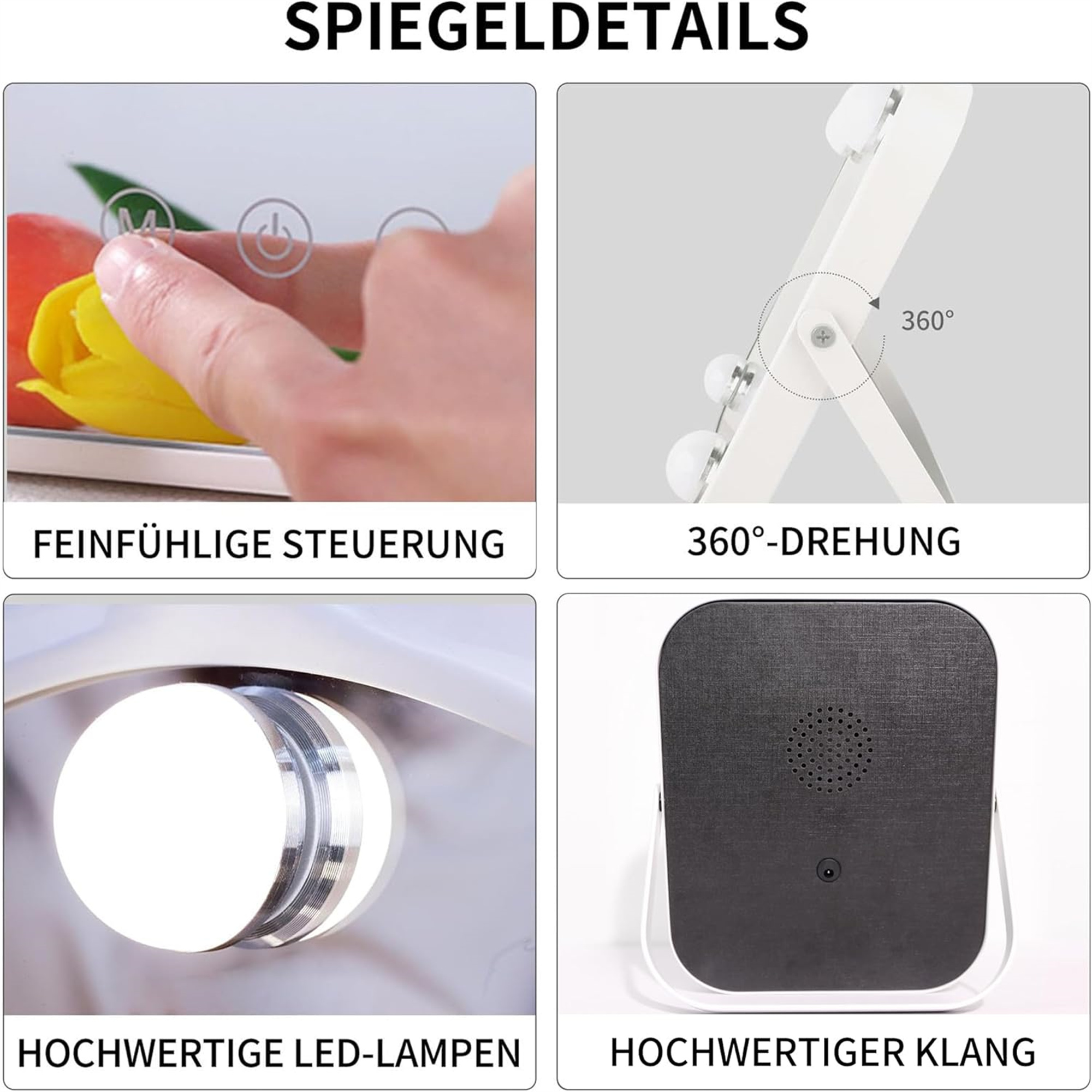 Bilder eines Spiegels: Bedienelemente, 360°-Drehung, LED-Lampen und hochwertiger Klang.