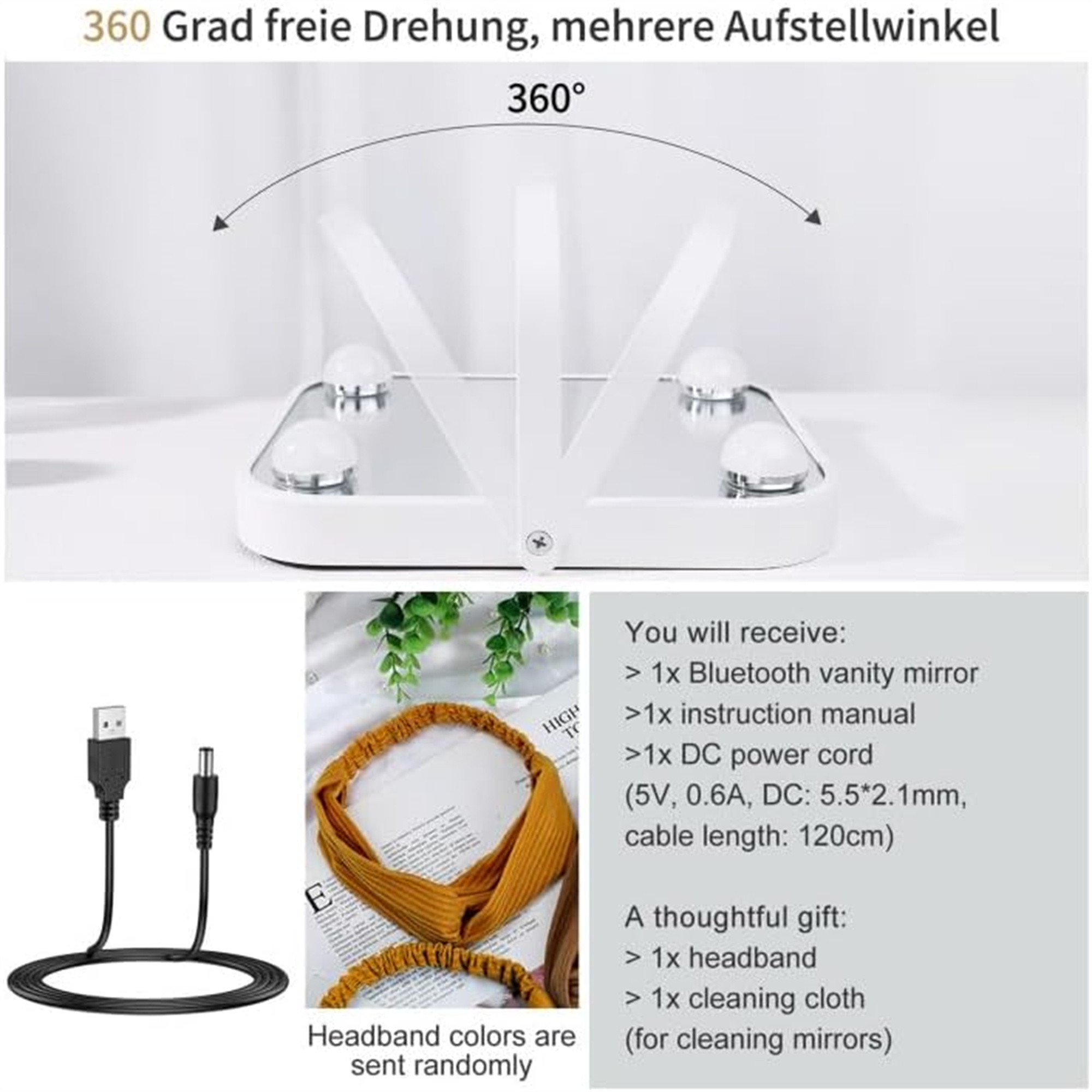 Weißer Spiegelständer mit verstellbaren Armen und Stirnband, Reinigungstuch und USB-Kabel.