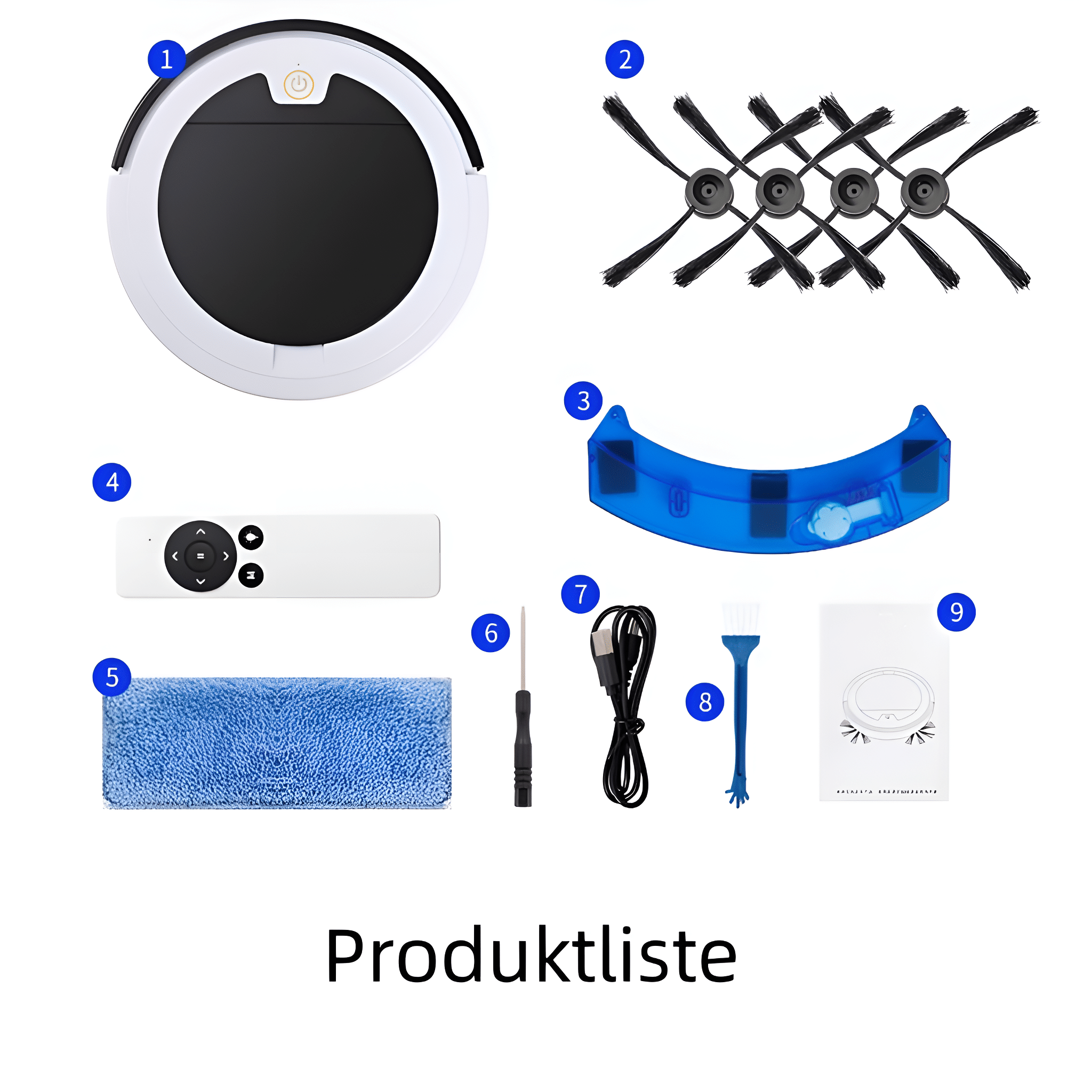 Roboter-Staubsauger und sein Zubehör. Zu den Artikeln gehören der Staubsauger, Bürsten, Fernbedienung und Reinigungswerkzeuge.