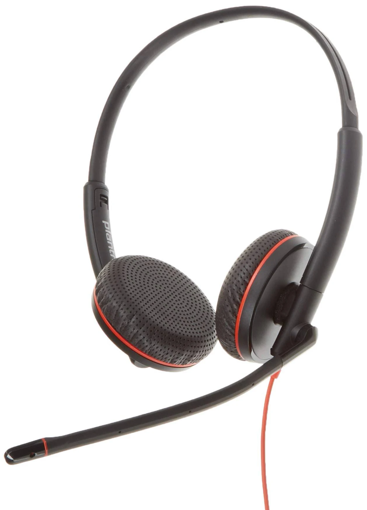 Un auricular Plantronics con auriculares negros y detalles rojos. Tiene un micrófono.