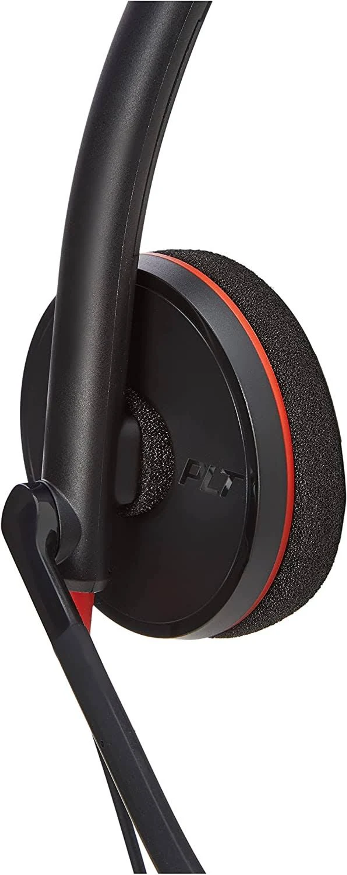 Czarne słuchawki z mikrofonem, czerwonymi akcentami i logo 'PLT'.