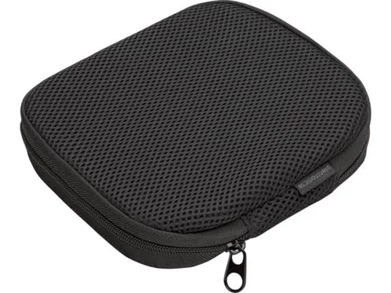 Czarny pokrowiec z siatki z zamkiem błyskawicznym, oznaczony jako 'plantronics'.